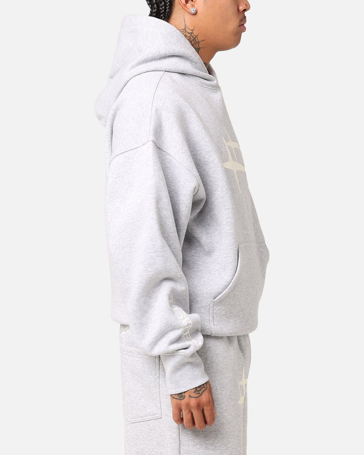Hooded Sweatshirt with Printed Graphics and Embroidered Sleeve Accents, Gray Marle