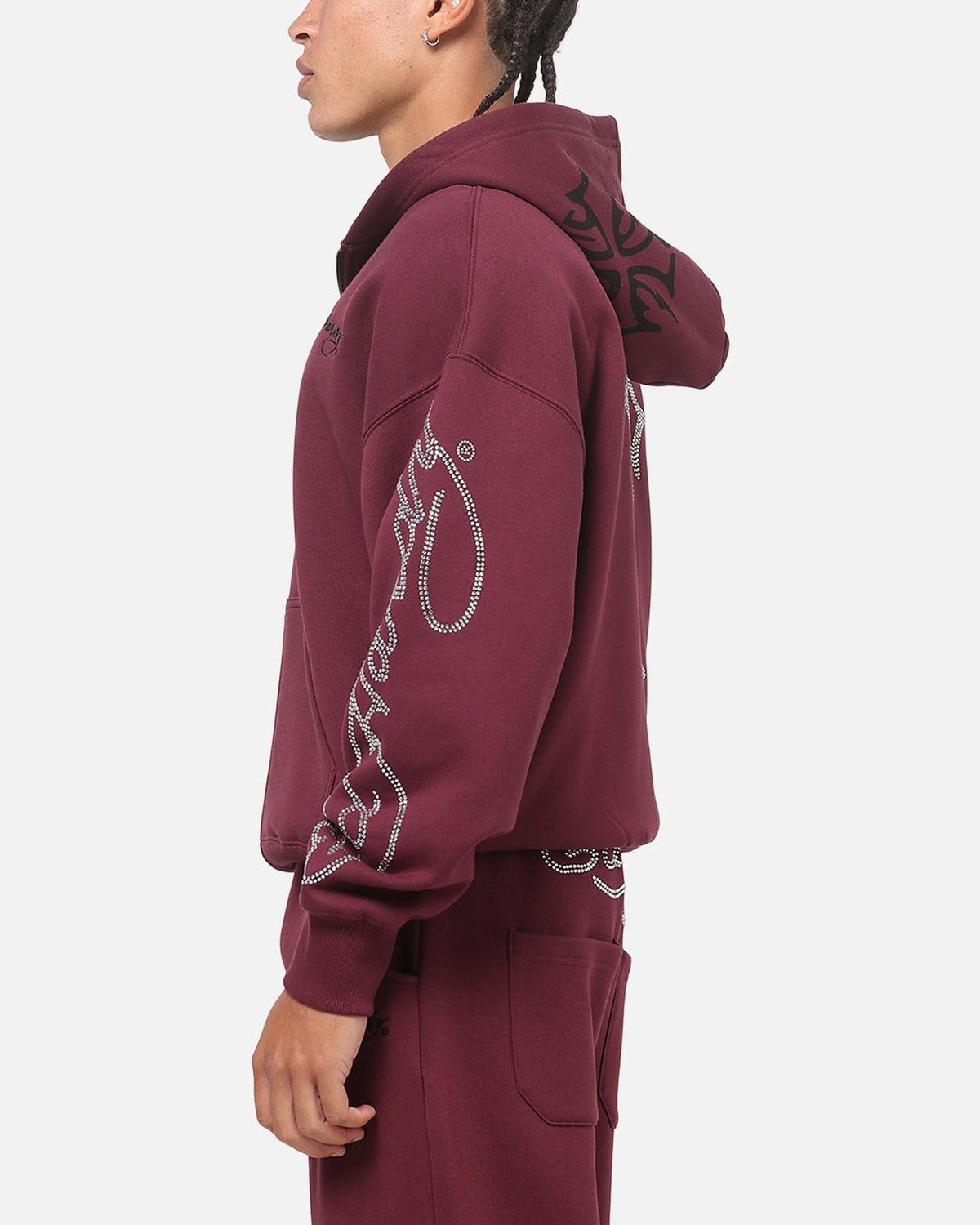 Embroidered Rhinestone Zip Hoodie with Brushed Fleece and Oversized Fit, Plum