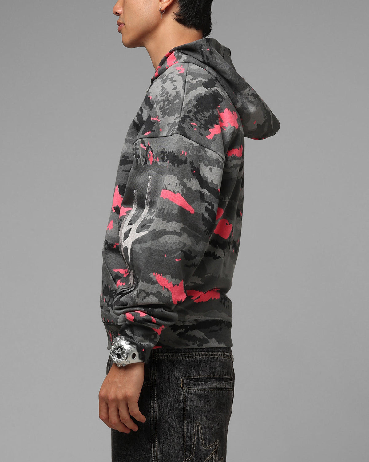 Full Zip Hoodie with Black Camouflage Pattern and Embroidered Details