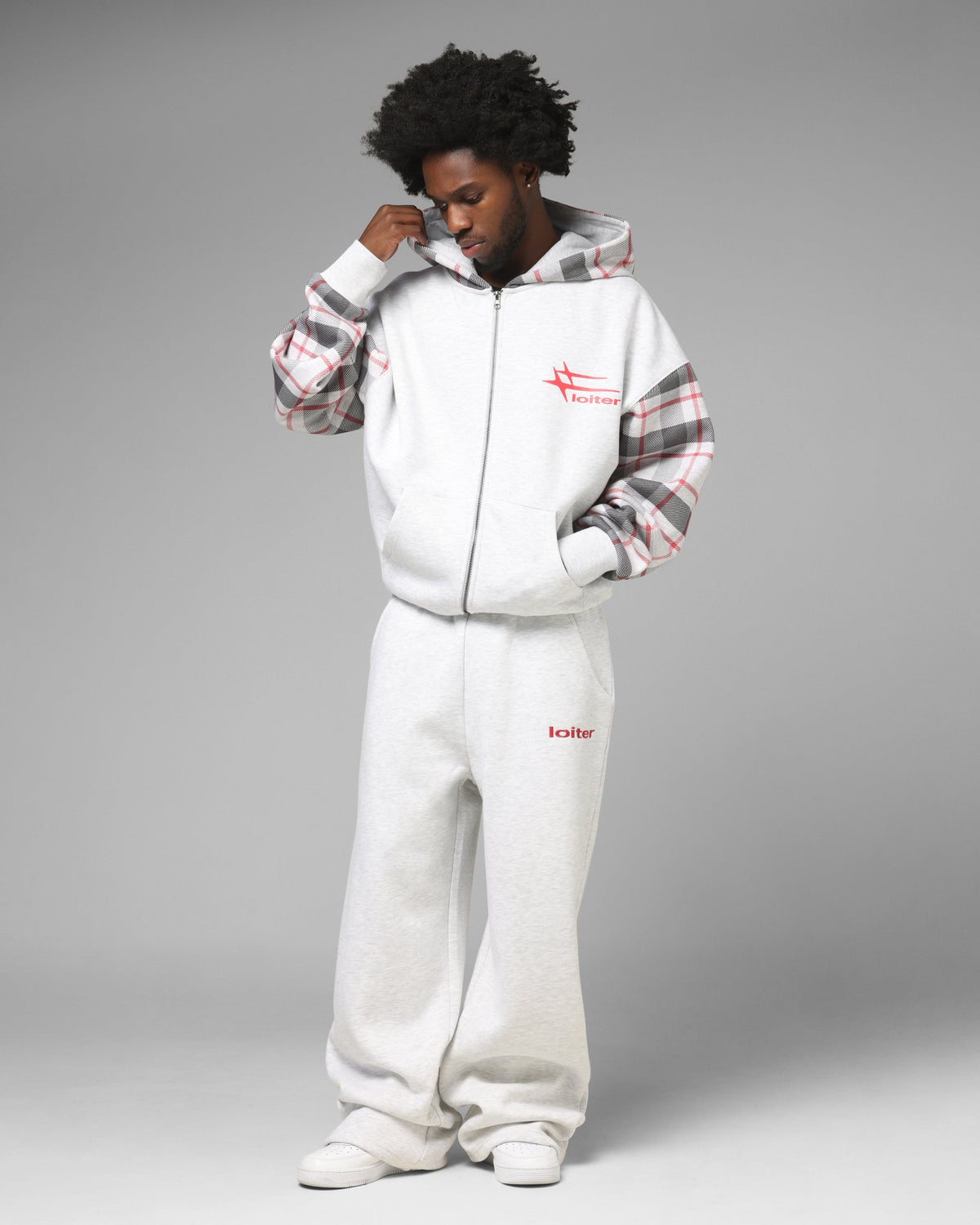 Full Zip Hoodie with Dropped Shoulder and Graphic Embroidery, Off White Red