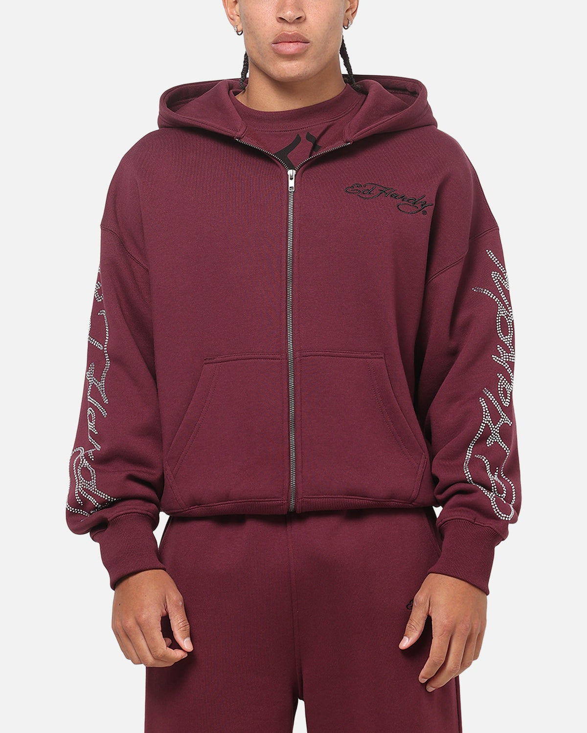 Embroidered Rhinestone Zip Hoodie with Brushed Fleece and Oversized Fit, Plum