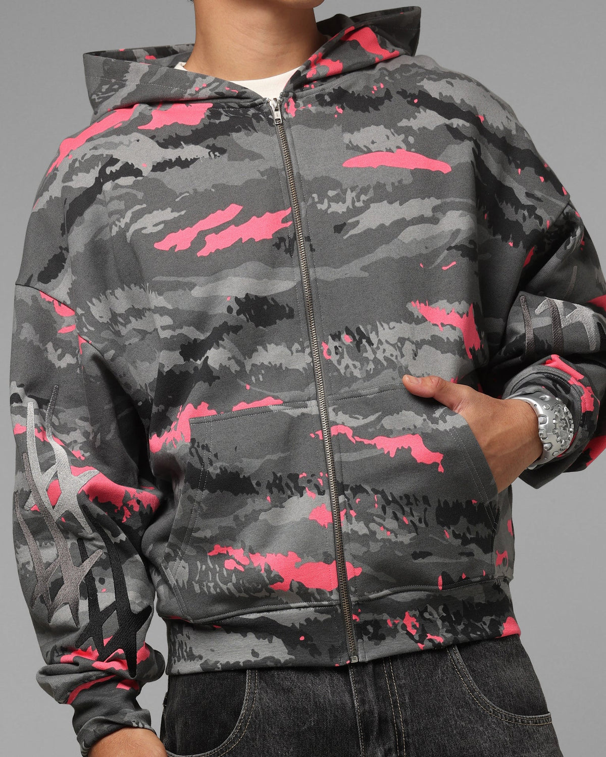 Full Zip Hoodie with Black Camouflage Pattern and Embroidered Details