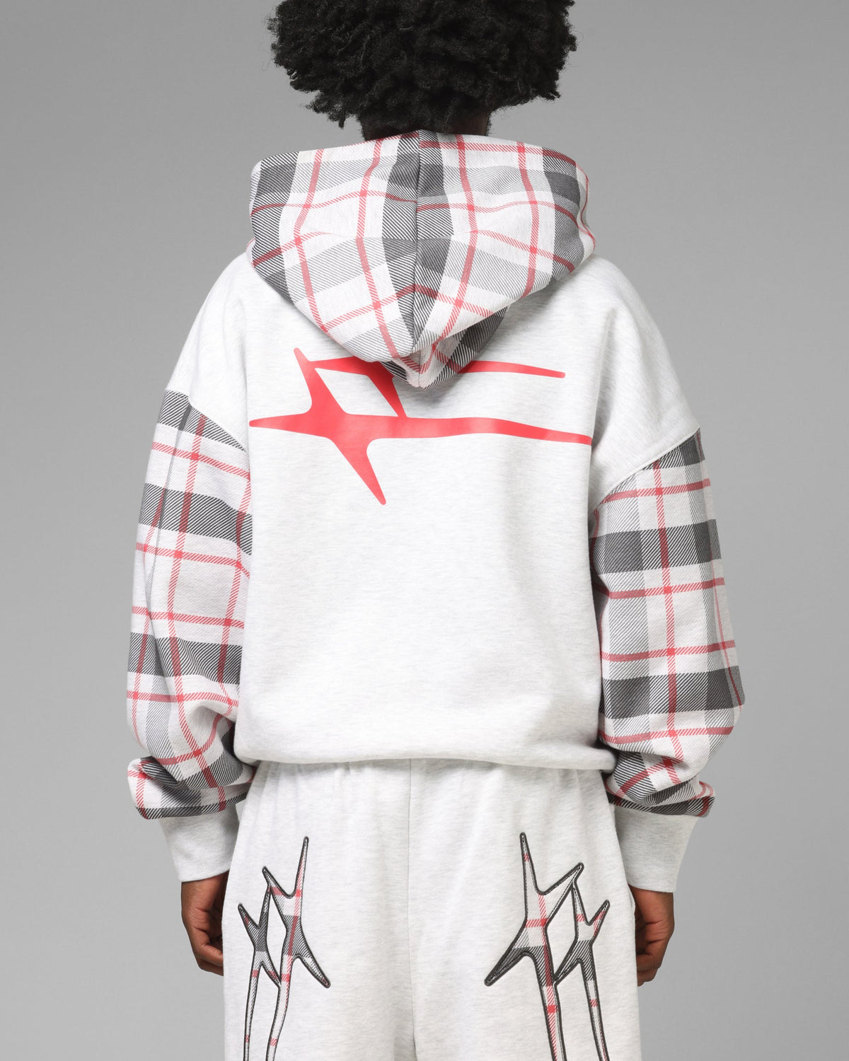 Full Zip Hoodie with Dropped Shoulder and Graphic Embroidery, Off White Red