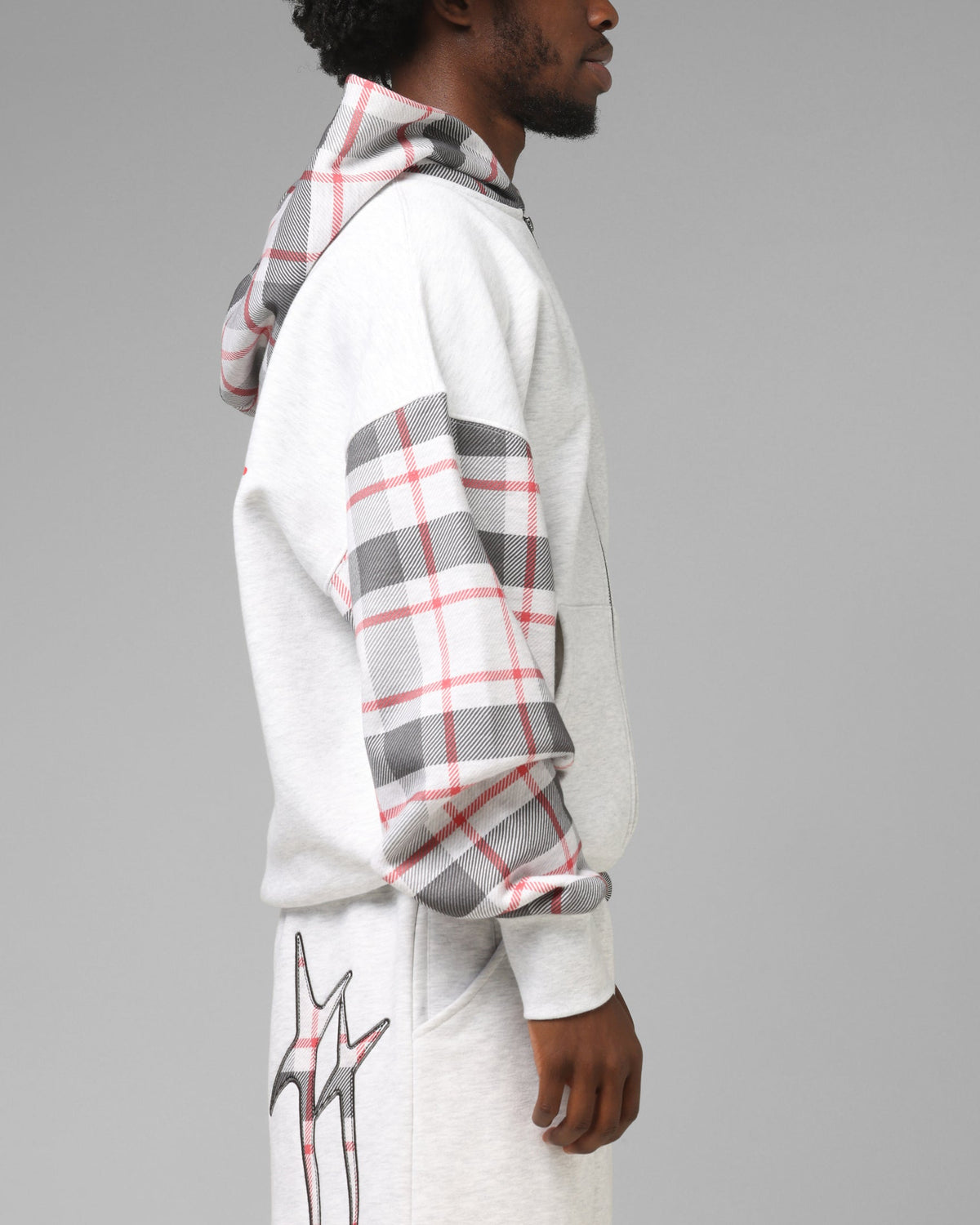 Full Zip Hoodie with Dropped Shoulder and Graphic Embroidery, Off White Red