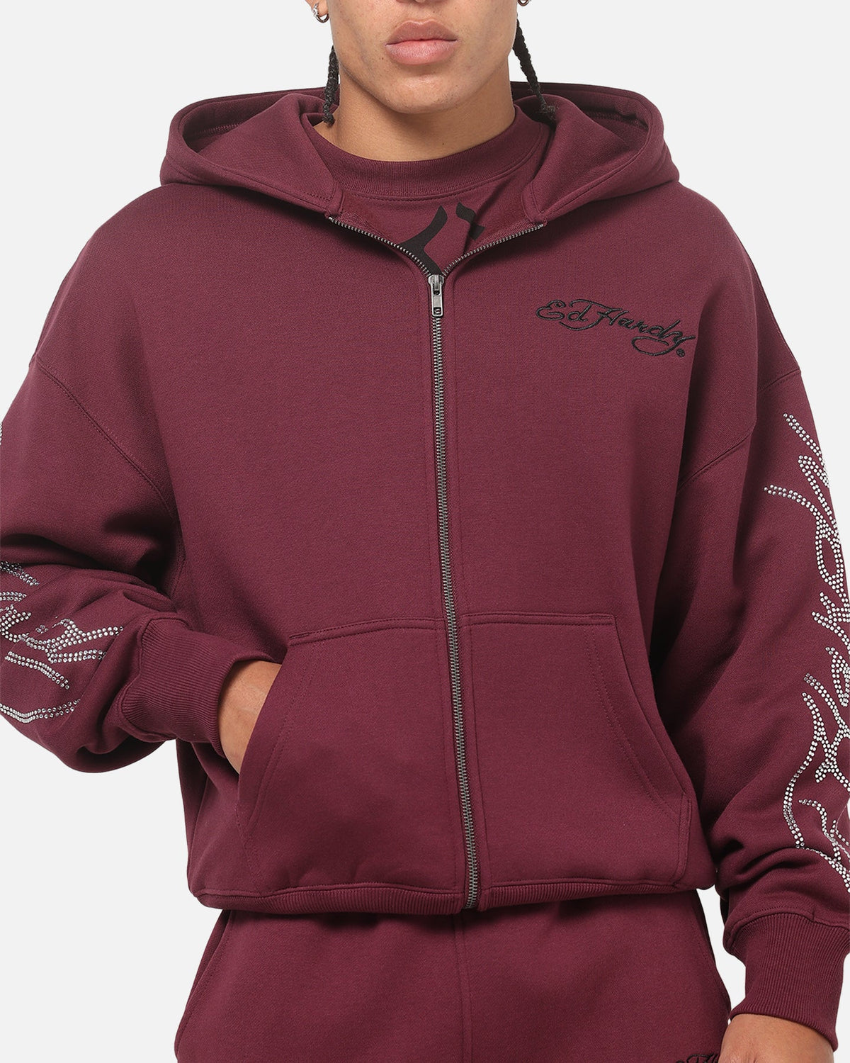 Embroidered Rhinestone Zip Hoodie with Brushed Fleece and Oversized Fit, Plum