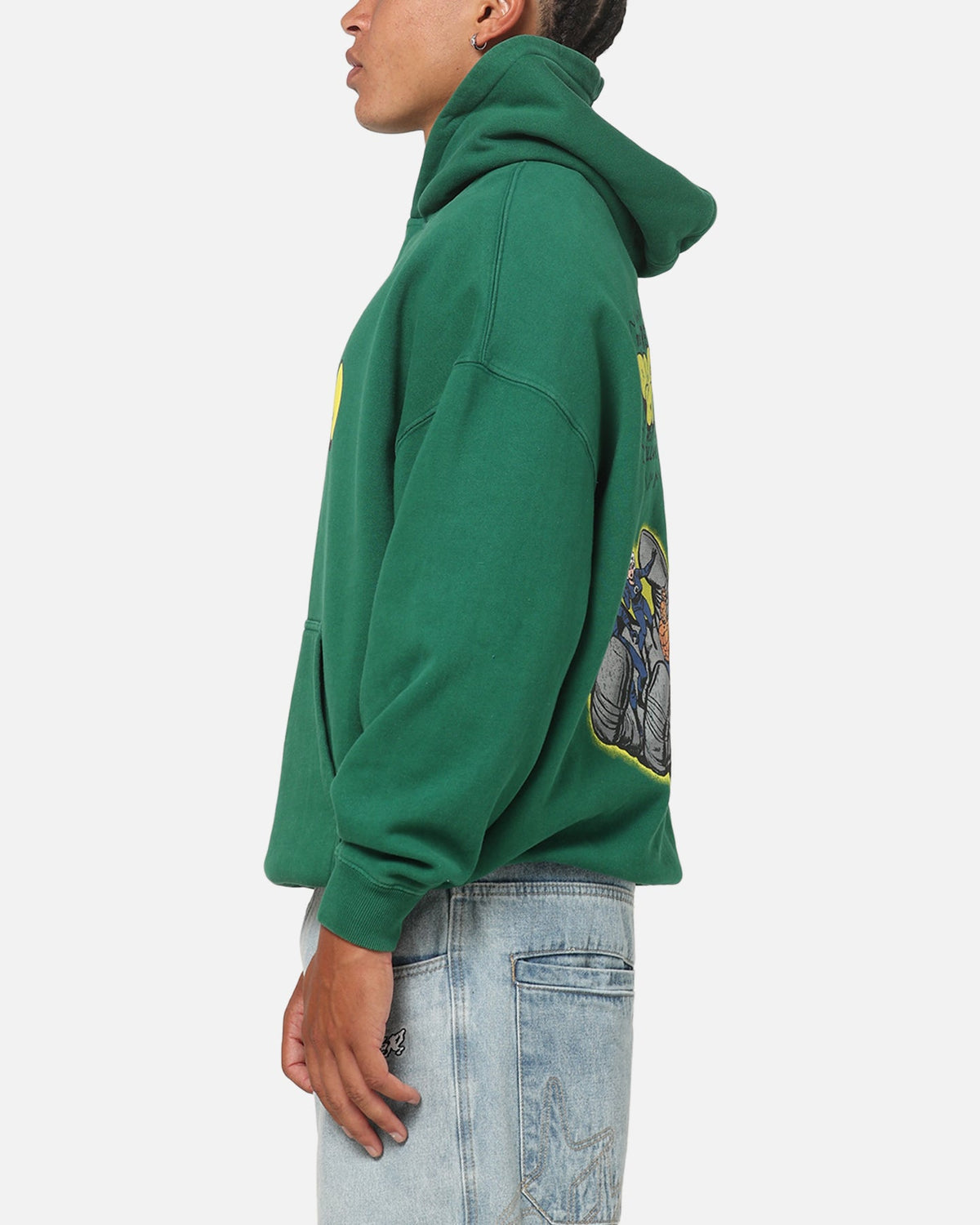 Printed Graphic Pullover Hoodie with Dropped Shoulders and Kangaroo Pocket, Forest Green