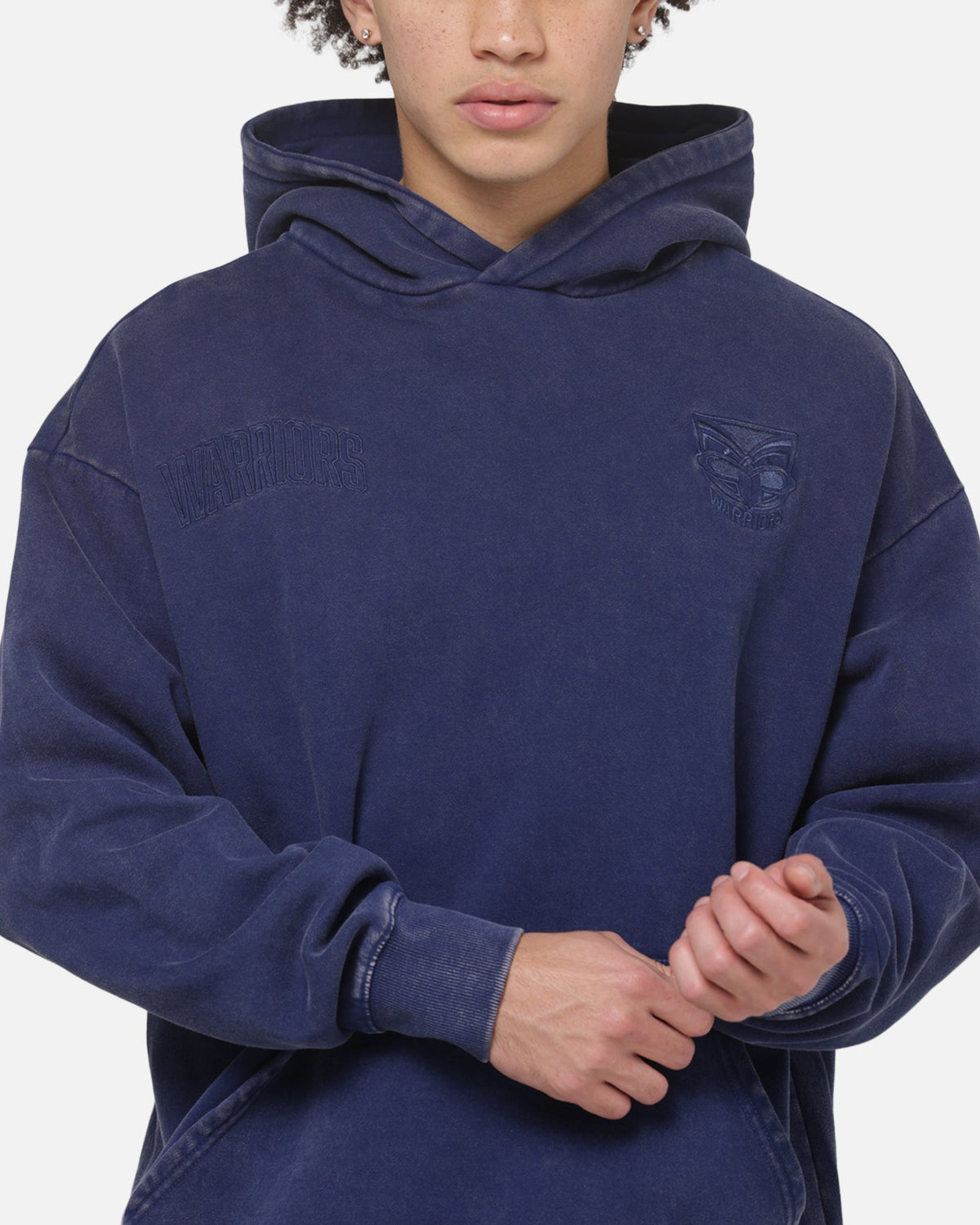 Blue Embroidered Athletic Hoodie with Adjustable Drawstring Hood and Kangaroo Pocket