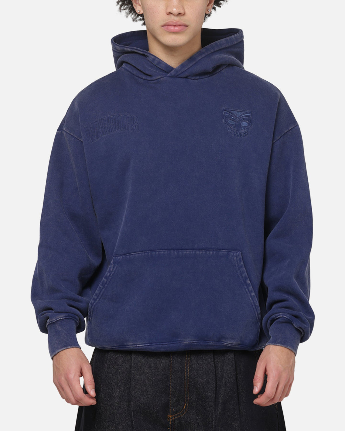 Blue Embroidered Athletic Hoodie with Adjustable Drawstring Hood and Kangaroo Pocket