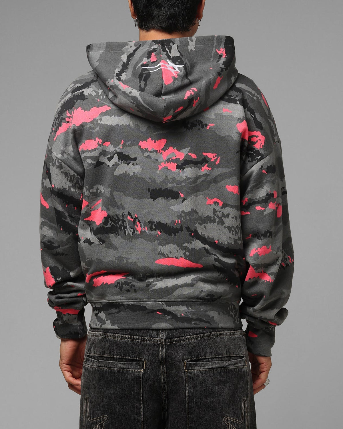 Full Zip Hoodie with Black Camouflage Pattern and Embroidered Details