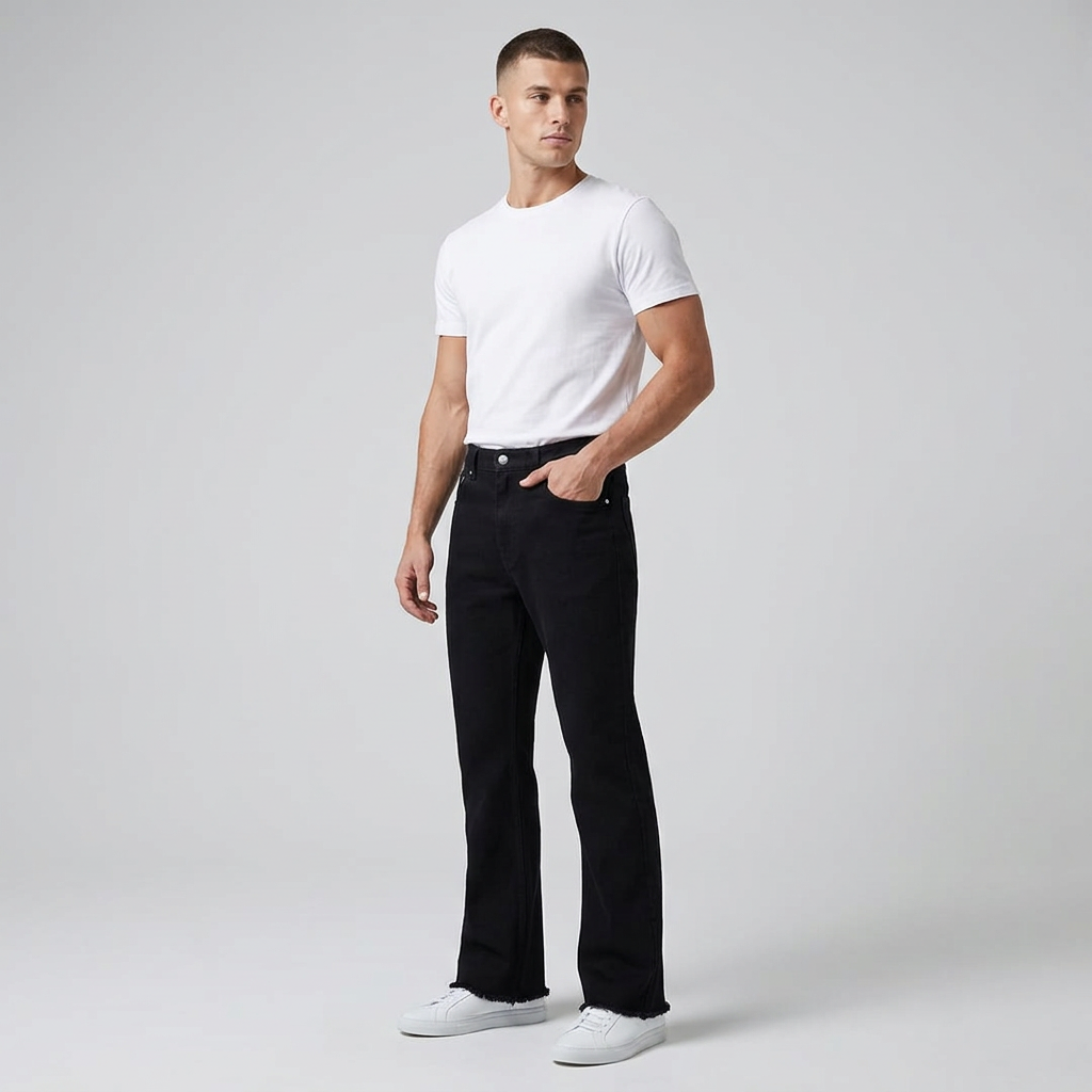 Mens Black Flare Jeans with High Waist and Raw Hem