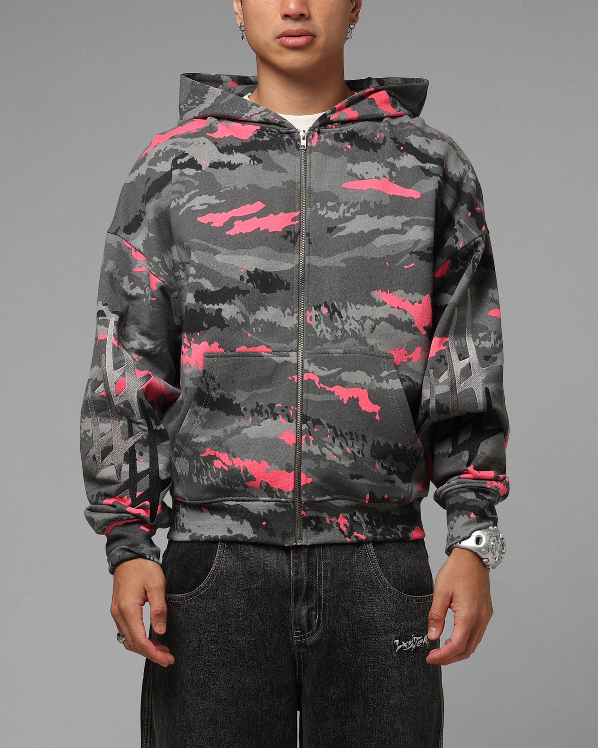 Full Zip Hoodie with Black Camouflage Pattern and Embroidered Details