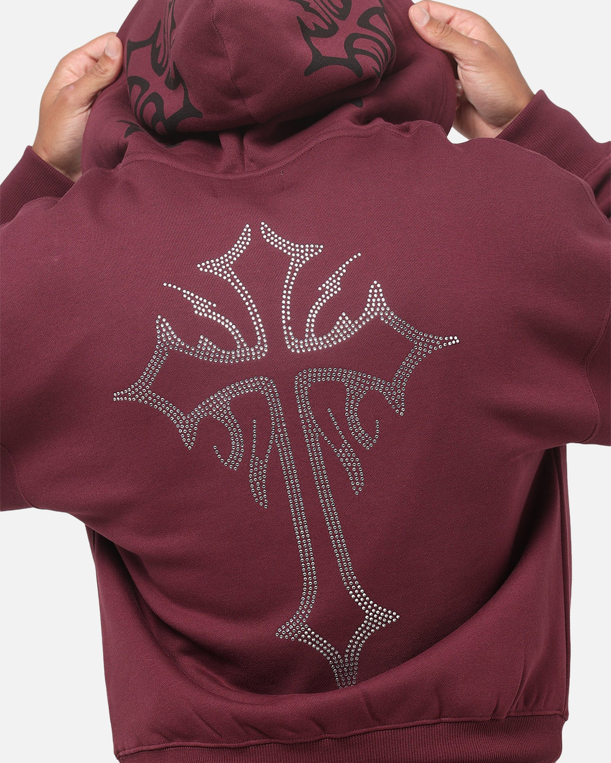 Embroidered Rhinestone Zip Hoodie with Brushed Fleece and Oversized Fit, Plum