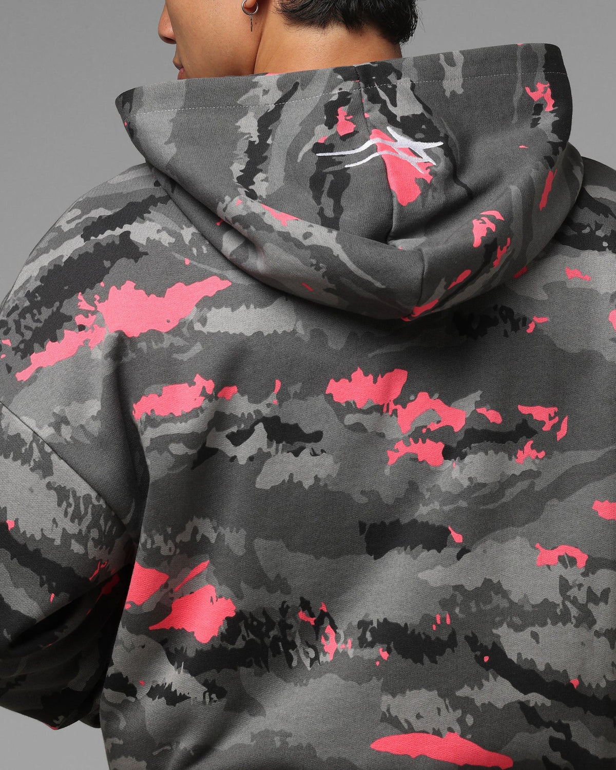 Full Zip Hoodie with Black Camouflage Pattern and Embroidered Details
