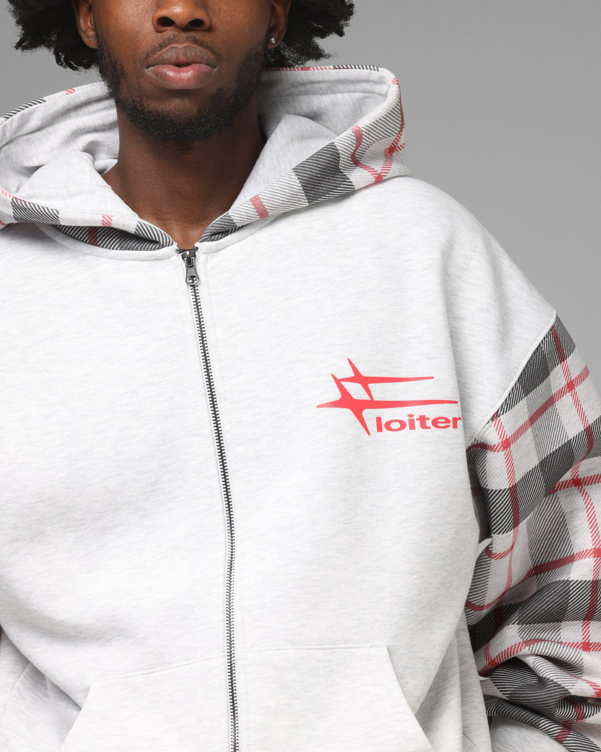 Full Zip Hoodie with Dropped Shoulder and Graphic Embroidery, Off White Red