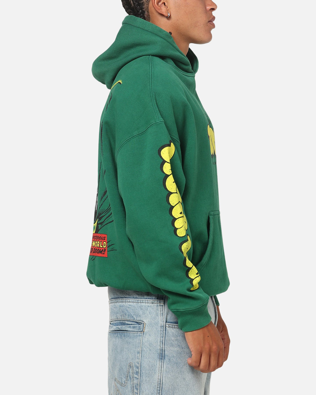 Printed Graphic Pullover Hoodie with Dropped Shoulders and Kangaroo Pocket, Forest Green
