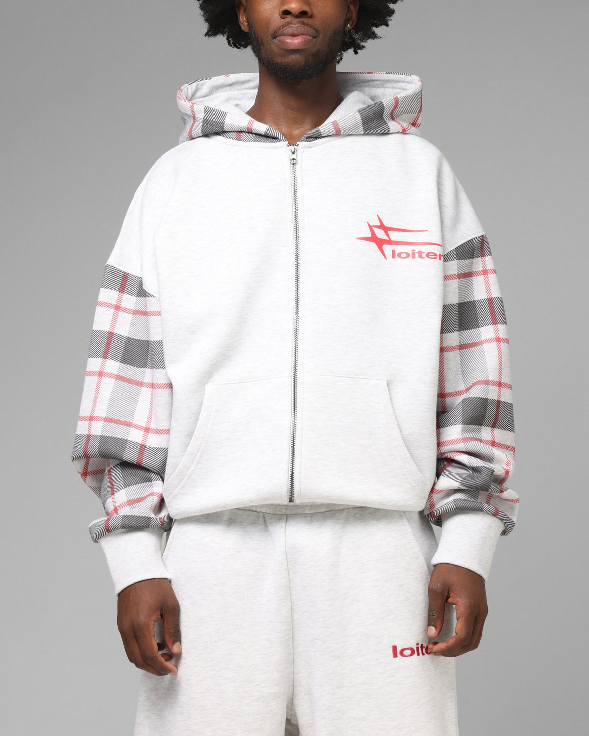 Full Zip Hoodie with Dropped Shoulder and Graphic Embroidery, Off White Red