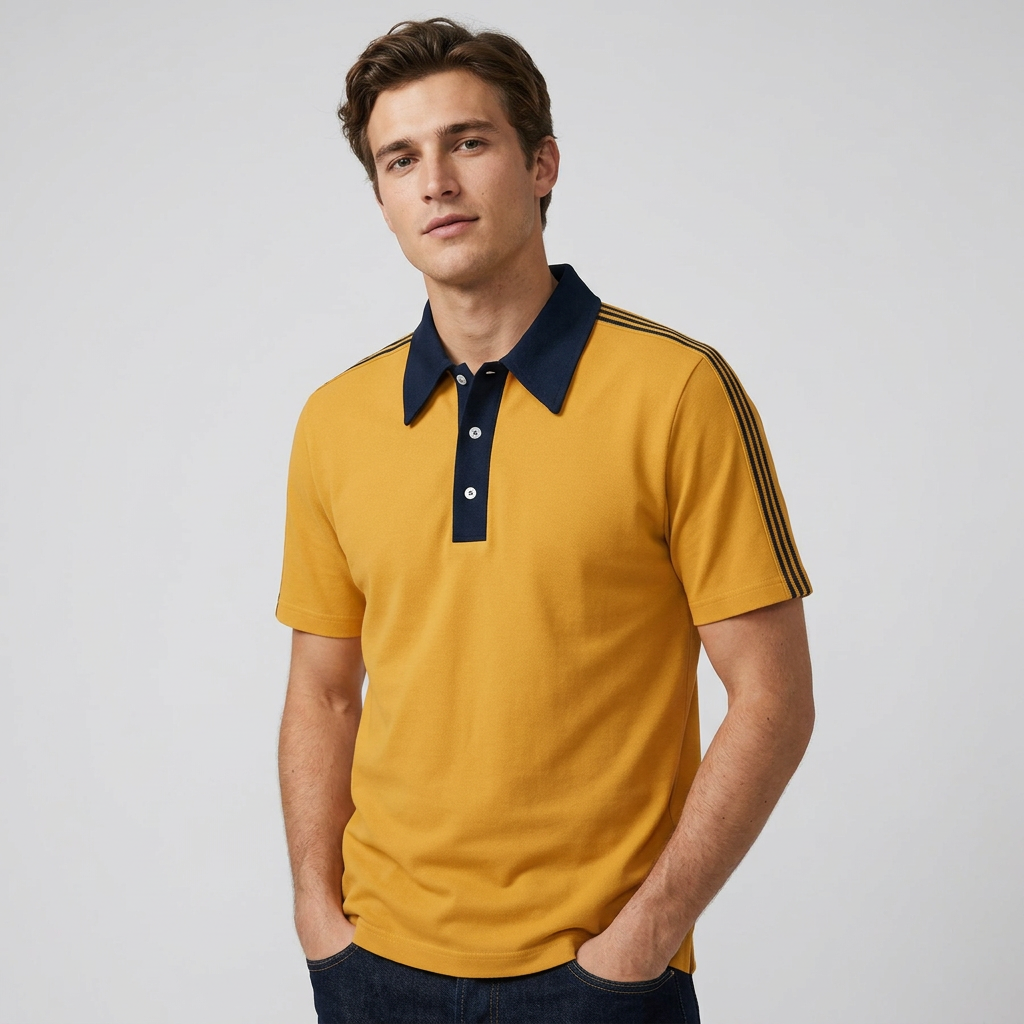 Mens Short Sleeve Polo Shirt with Contrast Collar and Shoulder Stripes