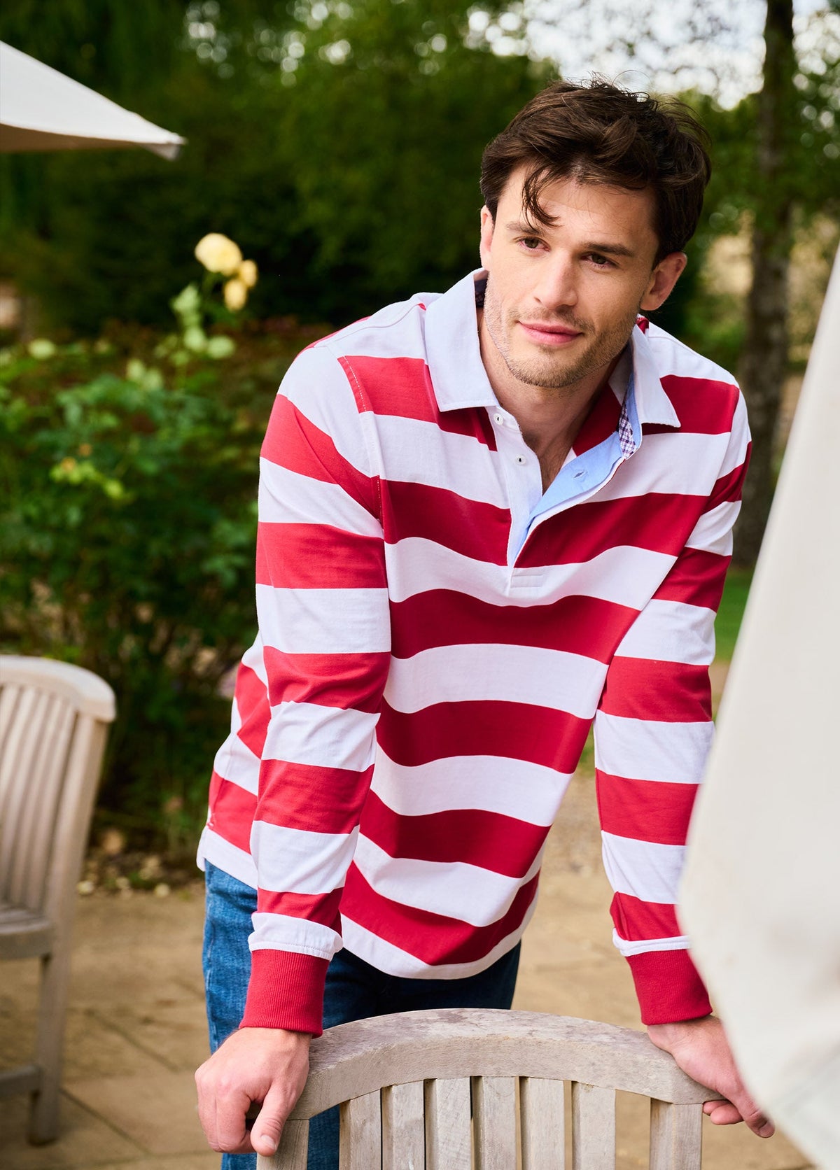 Striped Cotton Rugby Top with Jersey Knit Collar