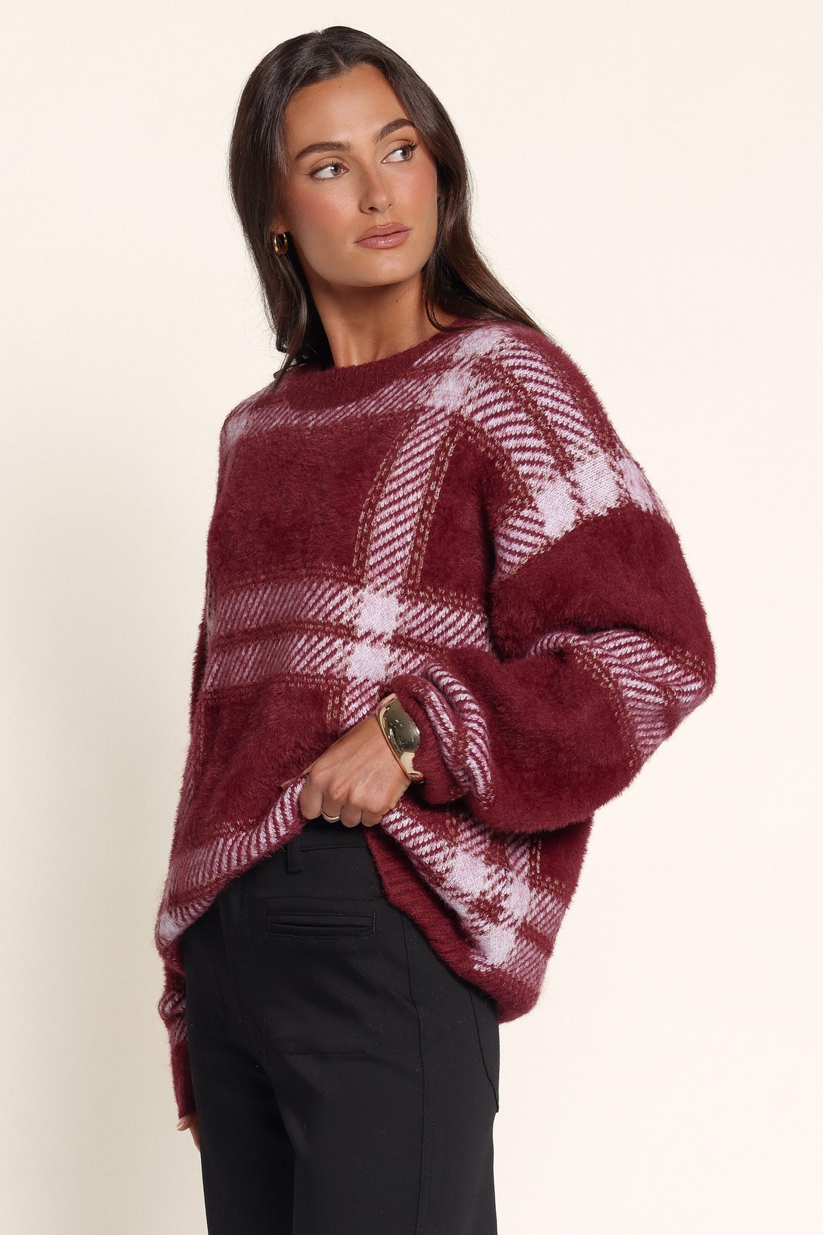 KNITWEAR Florida Sweater - Burgundy Check