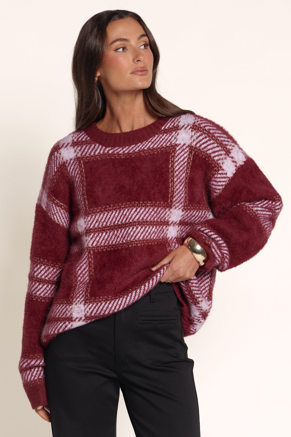 KNITWEAR Florida Sweater - Burgundy Check