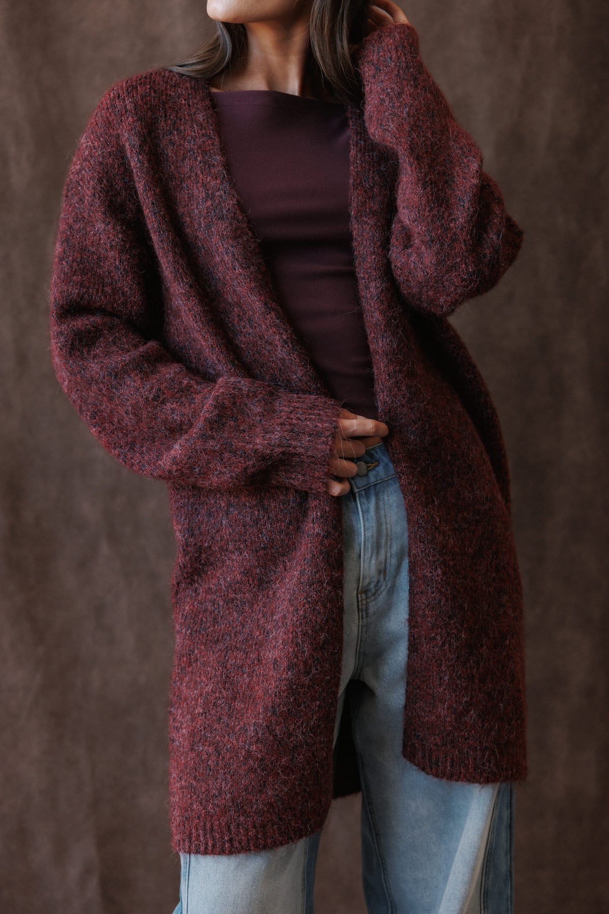 KNITWEAR Freya Long Line Cardigan - Burgundy