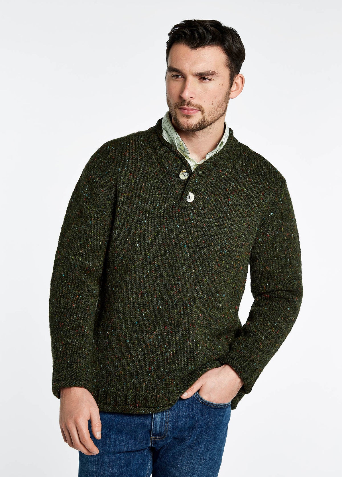 V-Neck Wool Sweater with Horn Buttons and Fleck Pattern, Olive
