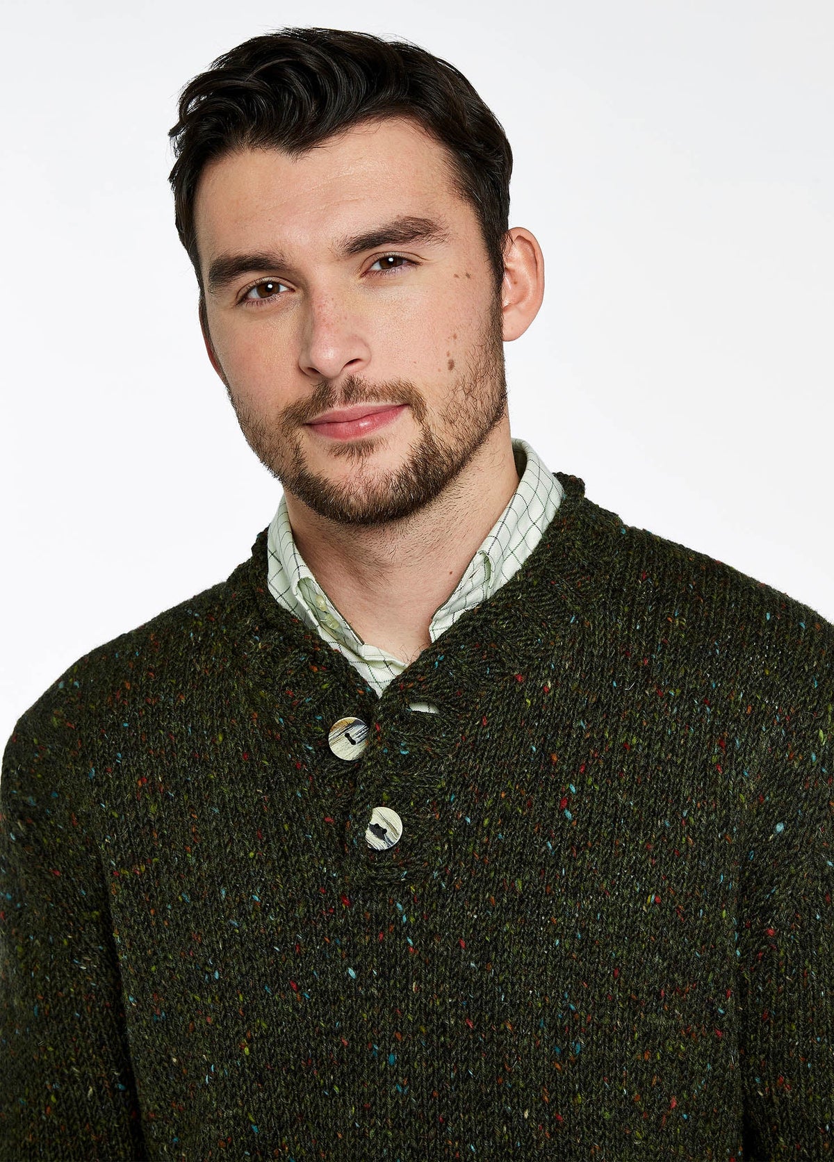 V-Neck Wool Sweater with Horn Buttons and Fleck Pattern, Olive