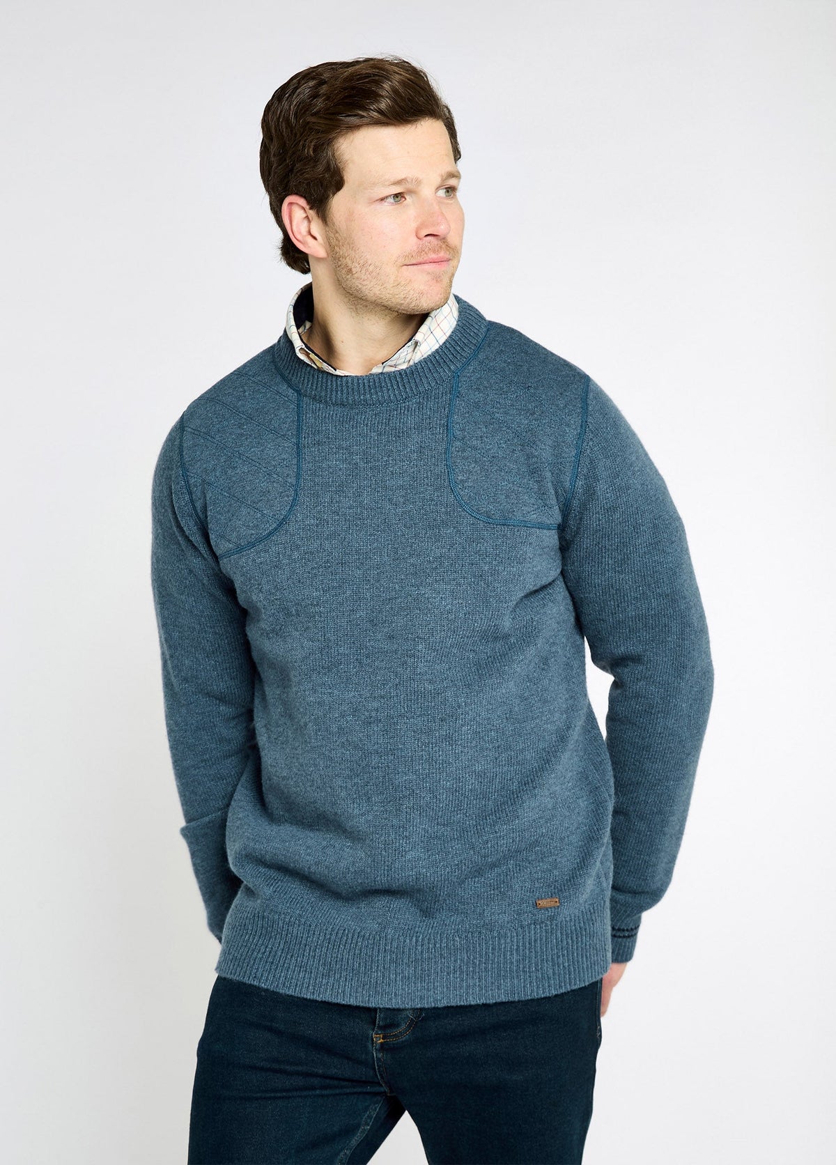 Wool Blend Crewneck Sweater with Military-Inspired Shoulder Detail and Contrast Tipping