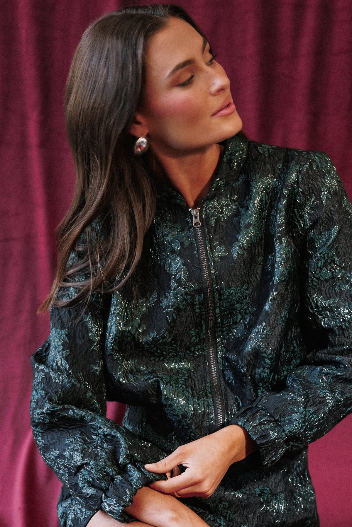 OUTERWEAR Jessie Bomber Jacket - Emerald Brocade