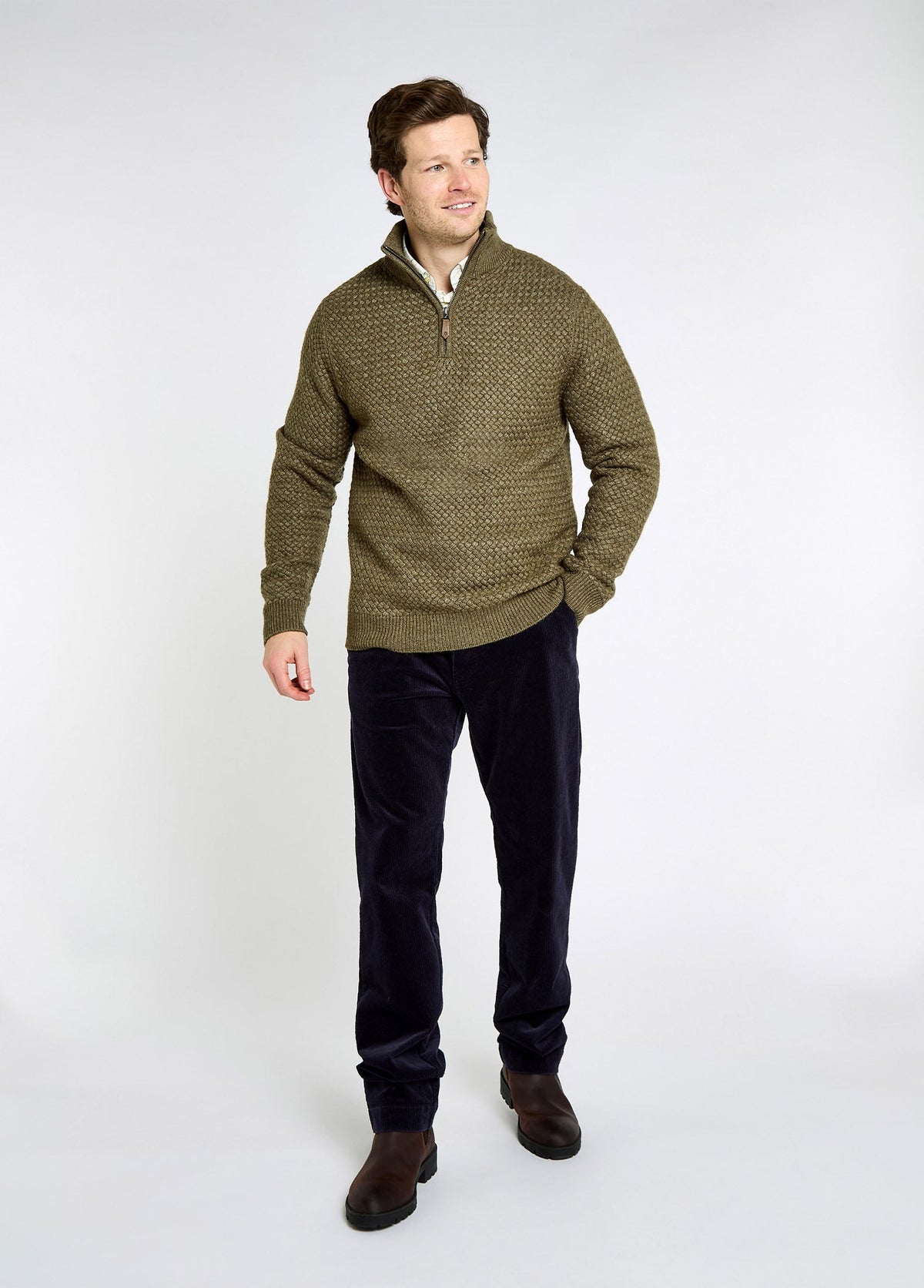 Men's Basket Weave Sweater with Zip Neck in Dusky Green