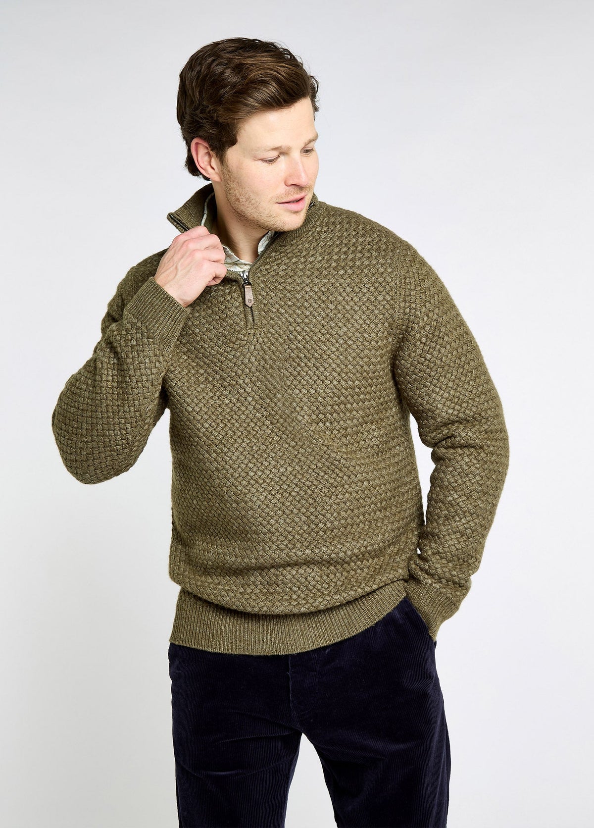 Men's Basket Weave Sweater with Zip Neck in Dusky Green