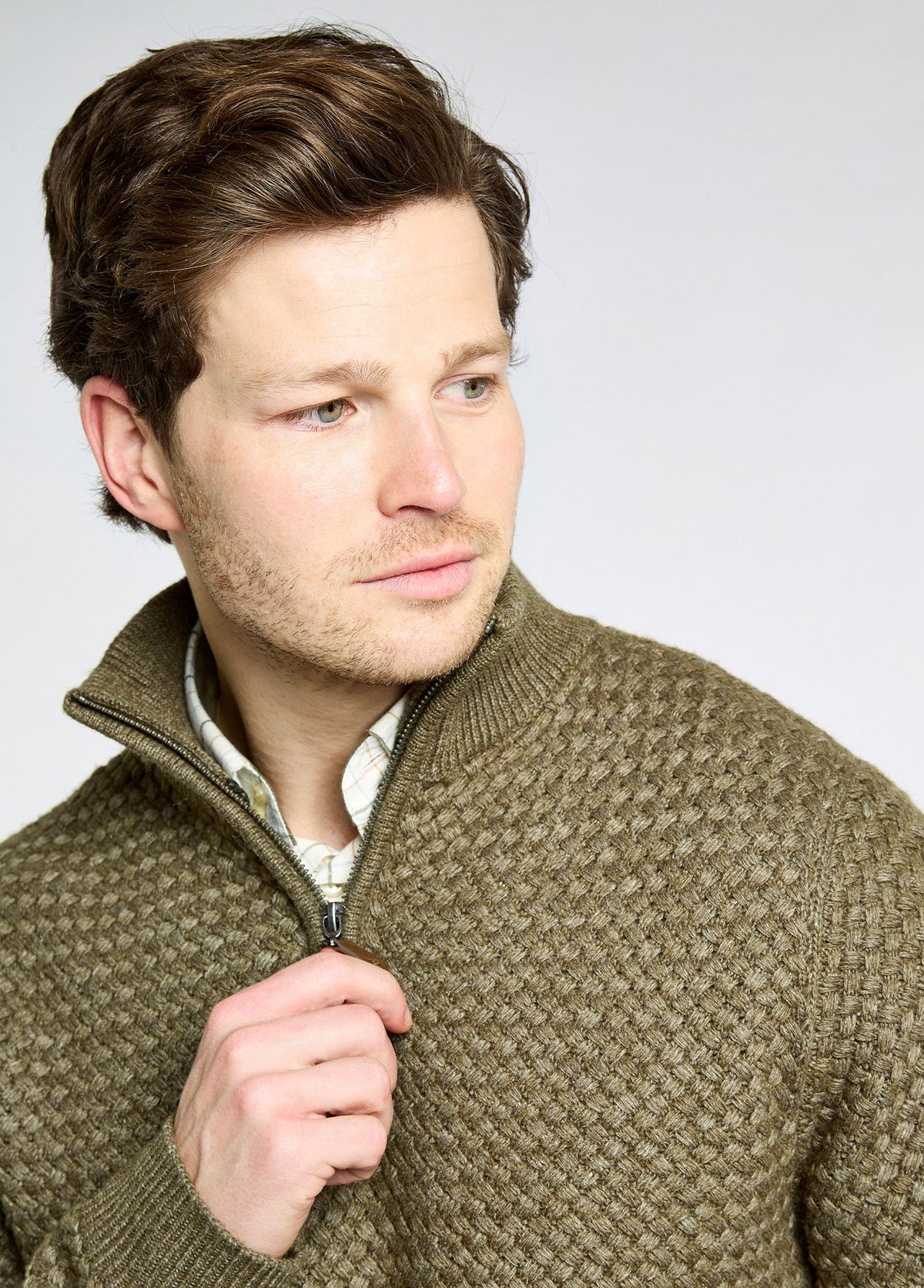Men's Basket Weave Sweater with Zip Neck in Dusky Green