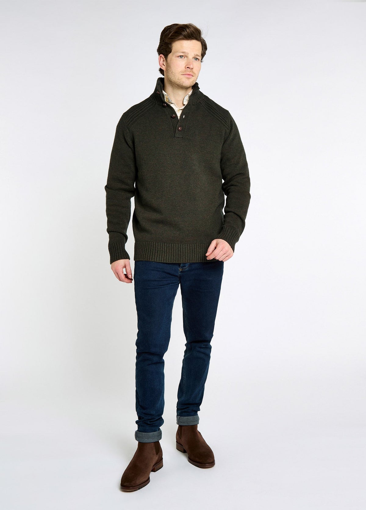 Men's Button-Front Sweater with Rayon Blend and Textured Knit, Olive