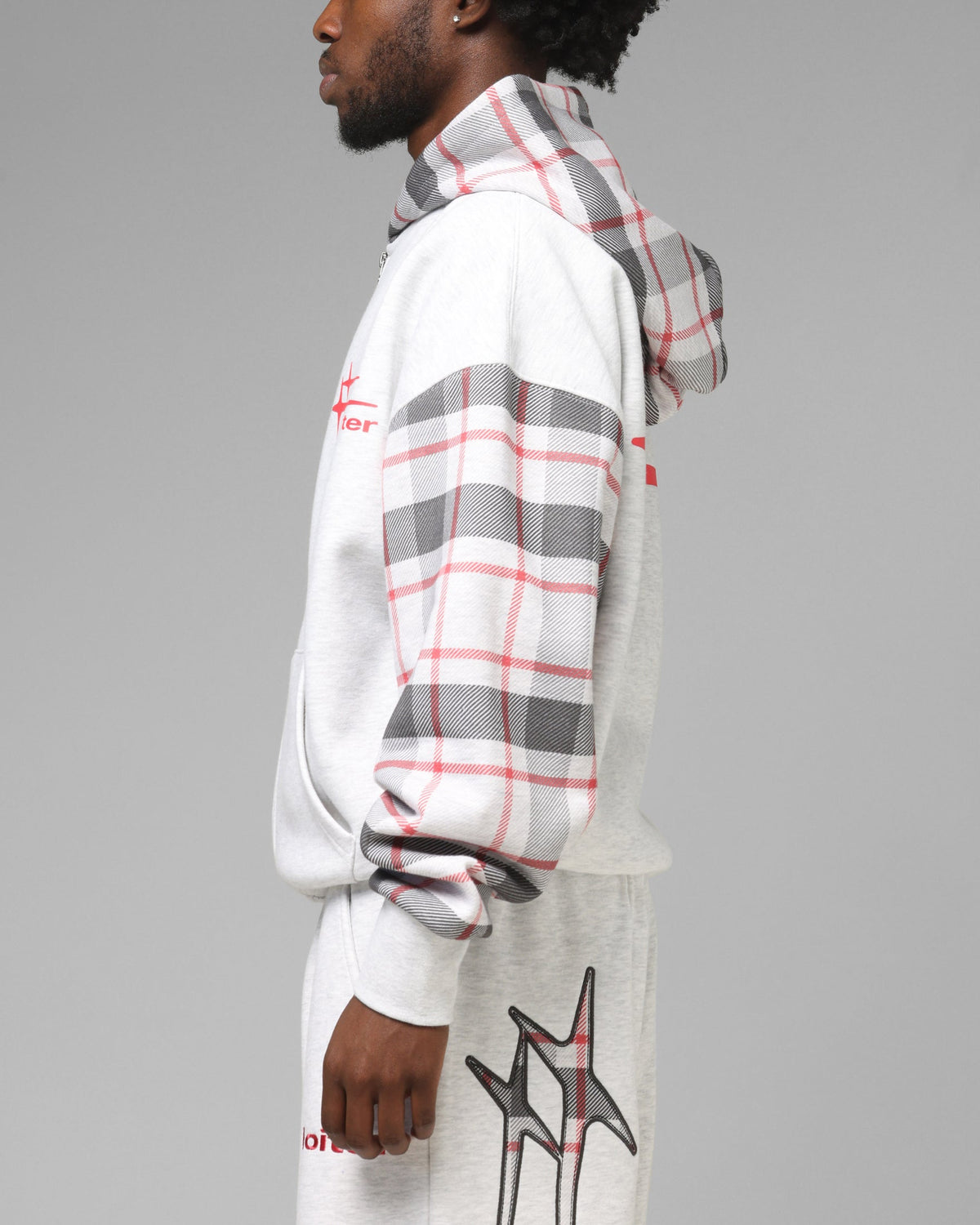 Full Zip Hoodie with Dropped Shoulder and Graphic Embroidery, Off White Red