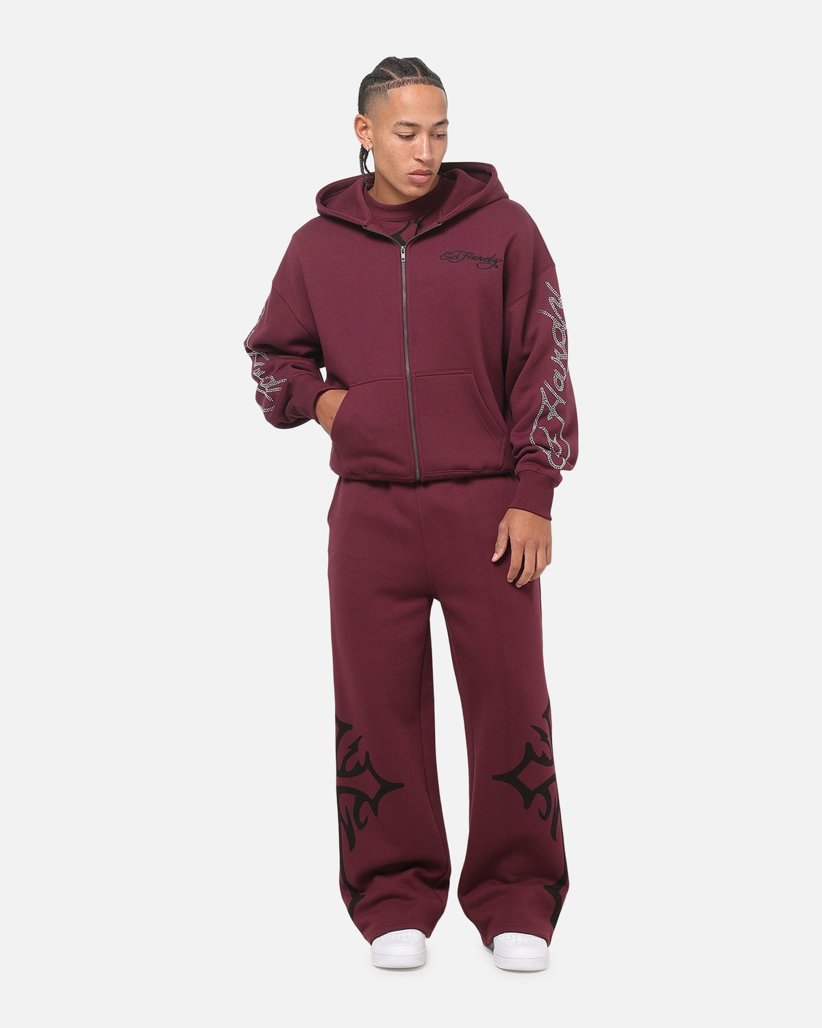 Embroidered Rhinestone Zip Hoodie with Brushed Fleece and Oversized Fit, Plum