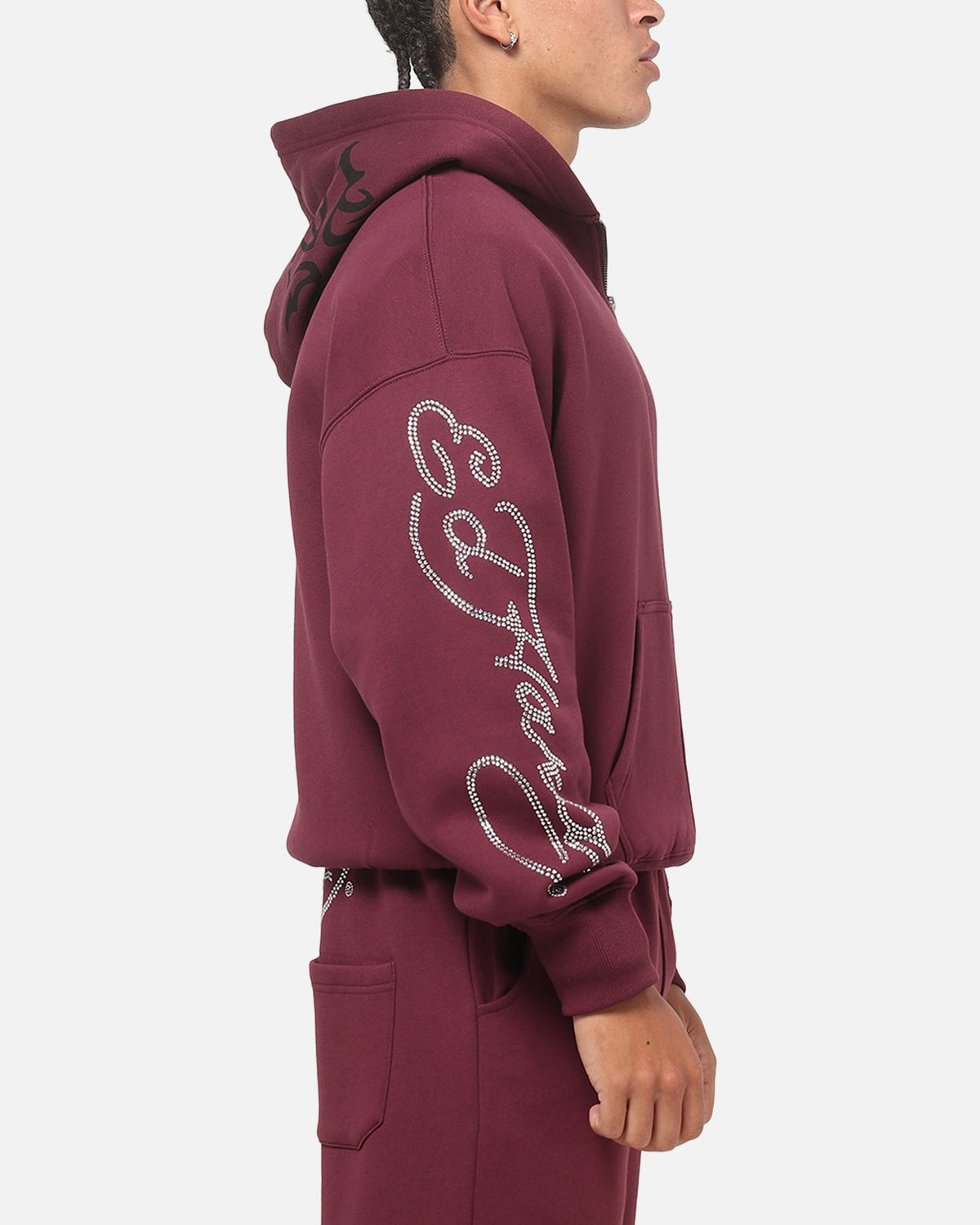 Embroidered Rhinestone Zip Hoodie with Brushed Fleece and Oversized Fit, Plum