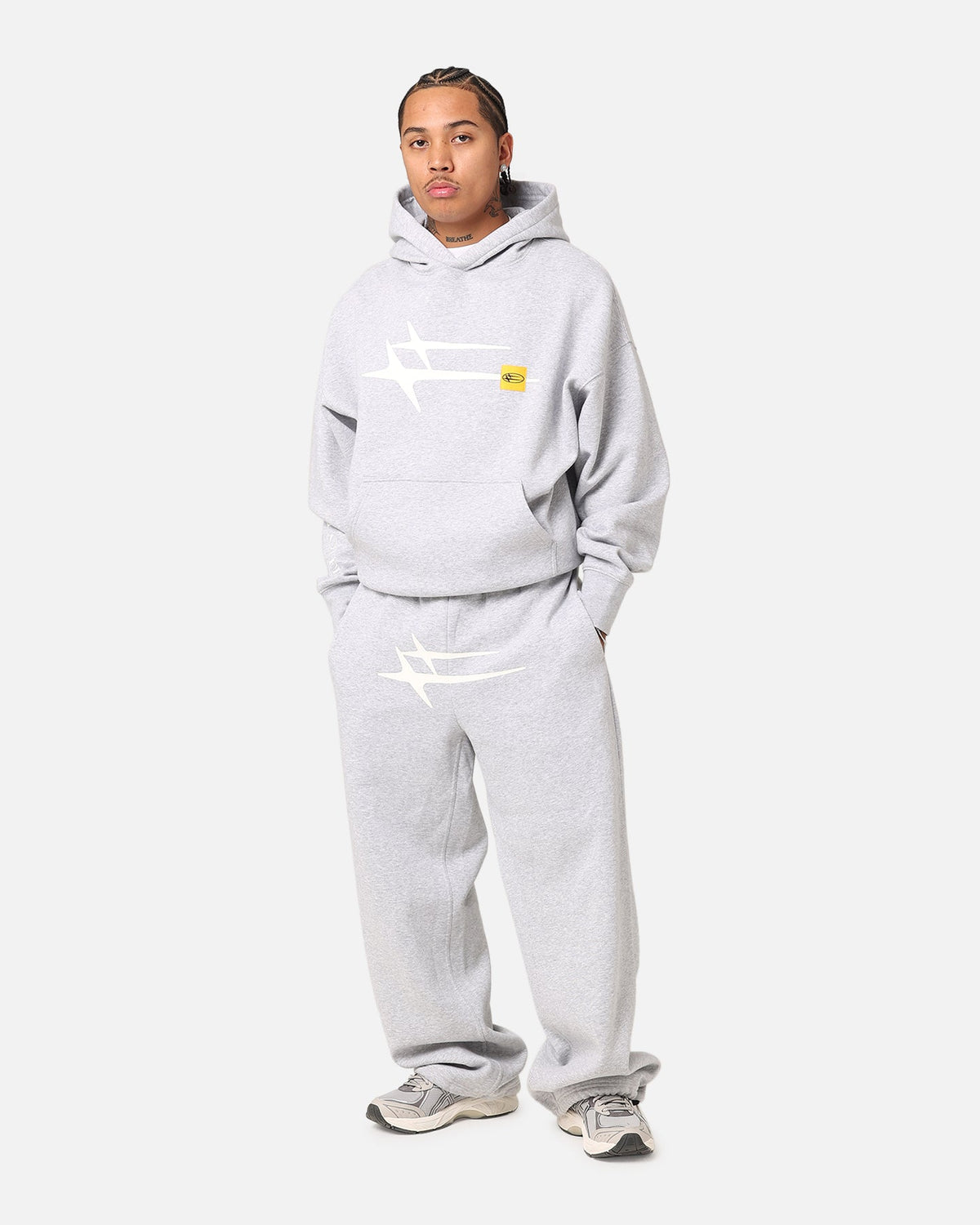 Hooded Sweatshirt with Printed Graphics and Embroidered Sleeve Accents, Gray Marle