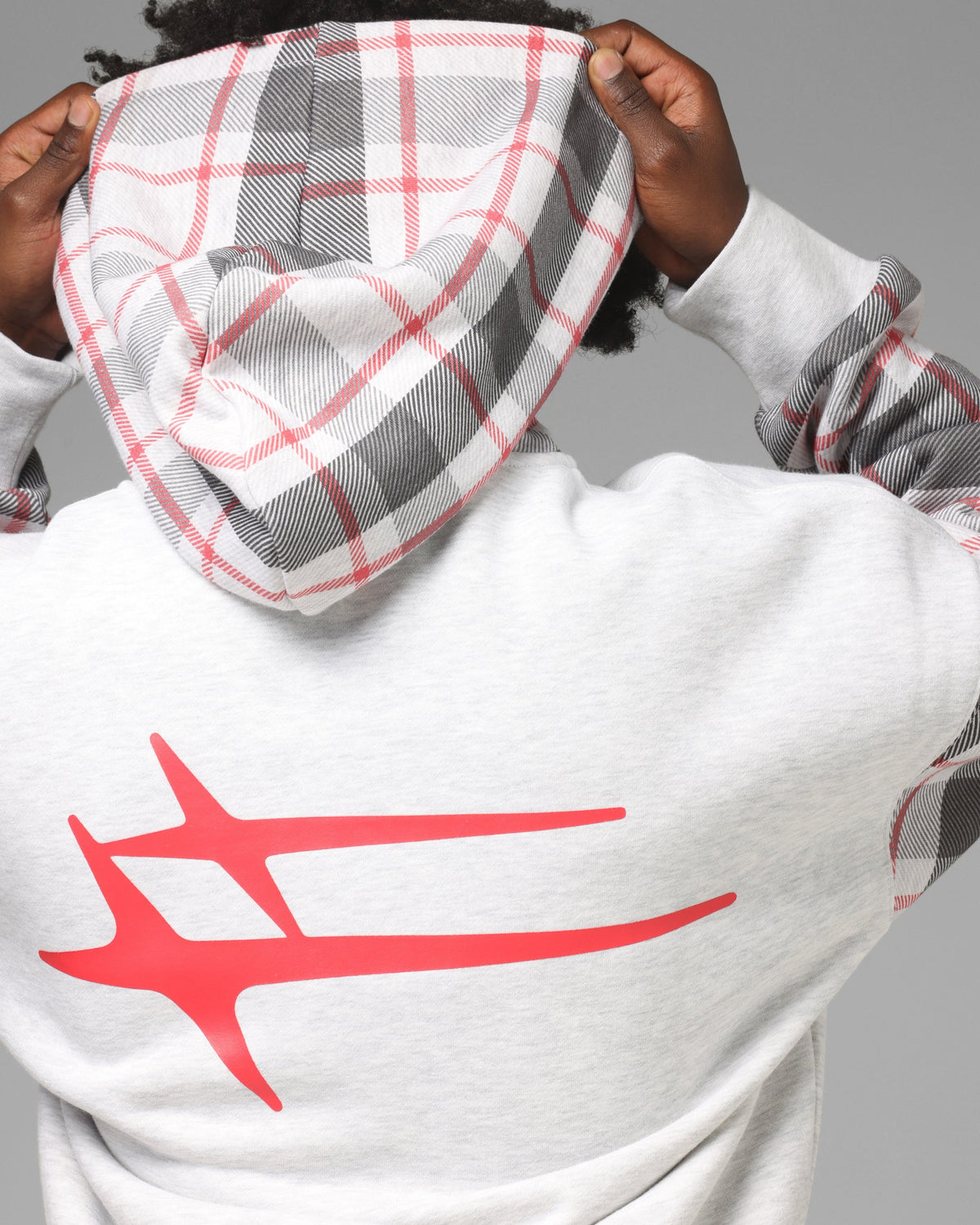 Full Zip Hoodie with Dropped Shoulder and Graphic Embroidery, Off White Red