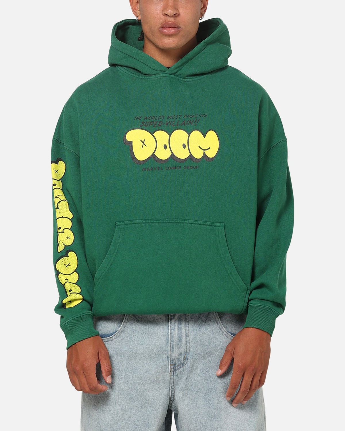Printed Graphic Pullover Hoodie with Dropped Shoulders and Kangaroo Pocket, Forest Green
