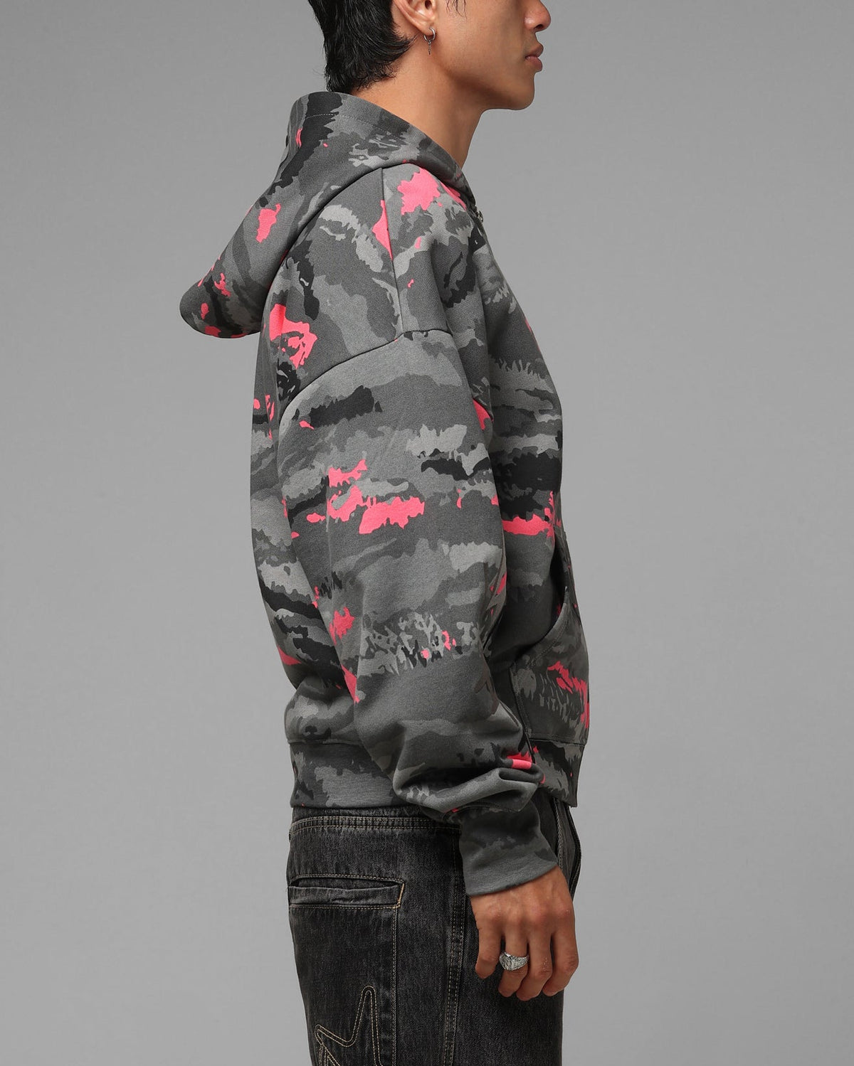 Full Zip Hoodie with Black Camouflage Pattern and Embroidered Details
