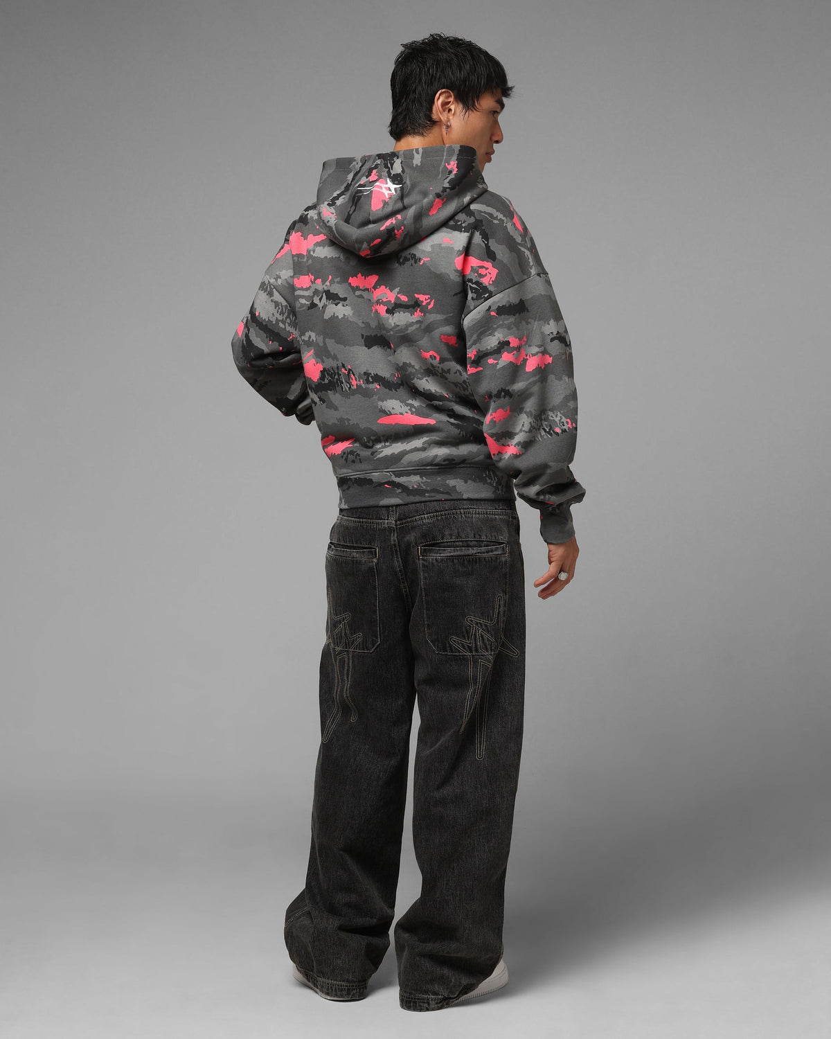 Full Zip Hoodie with Black Camouflage Pattern and Embroidered Details
