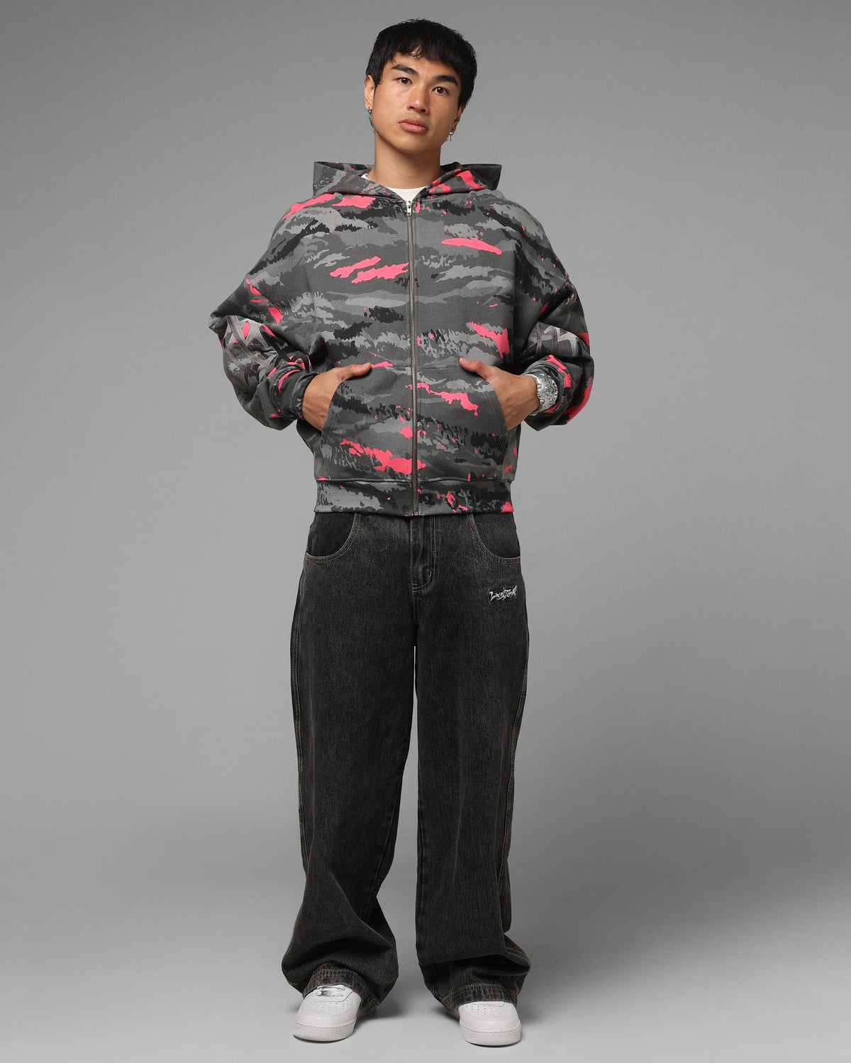 Full Zip Hoodie with Black Camouflage Pattern and Embroidered Details