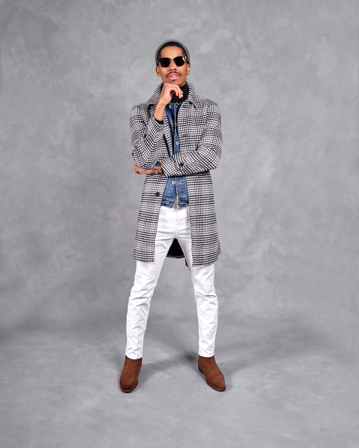 SG Car Coat - Black + White Houndstooth