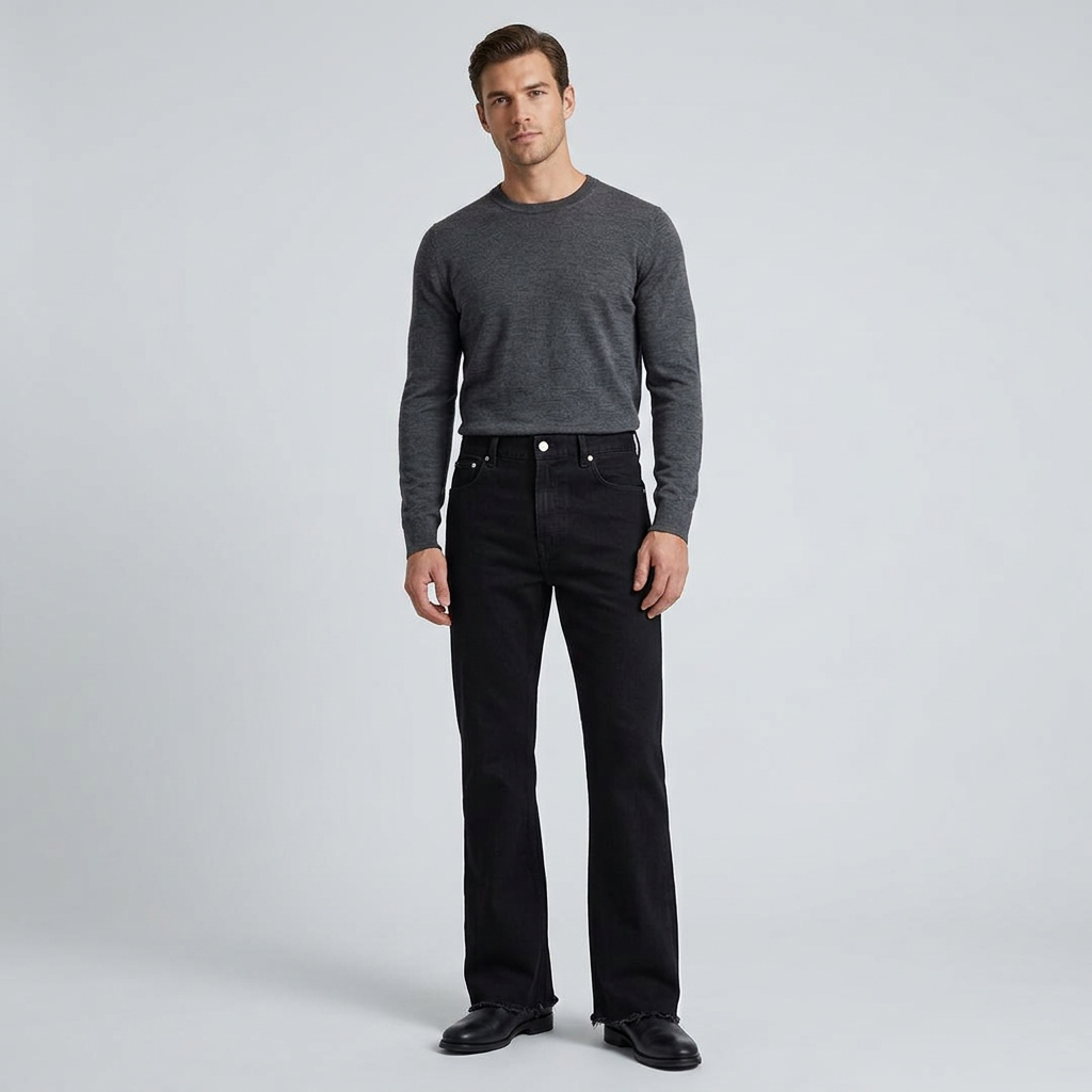 Mens Black Flare Jeans with High Waist and Raw Hem