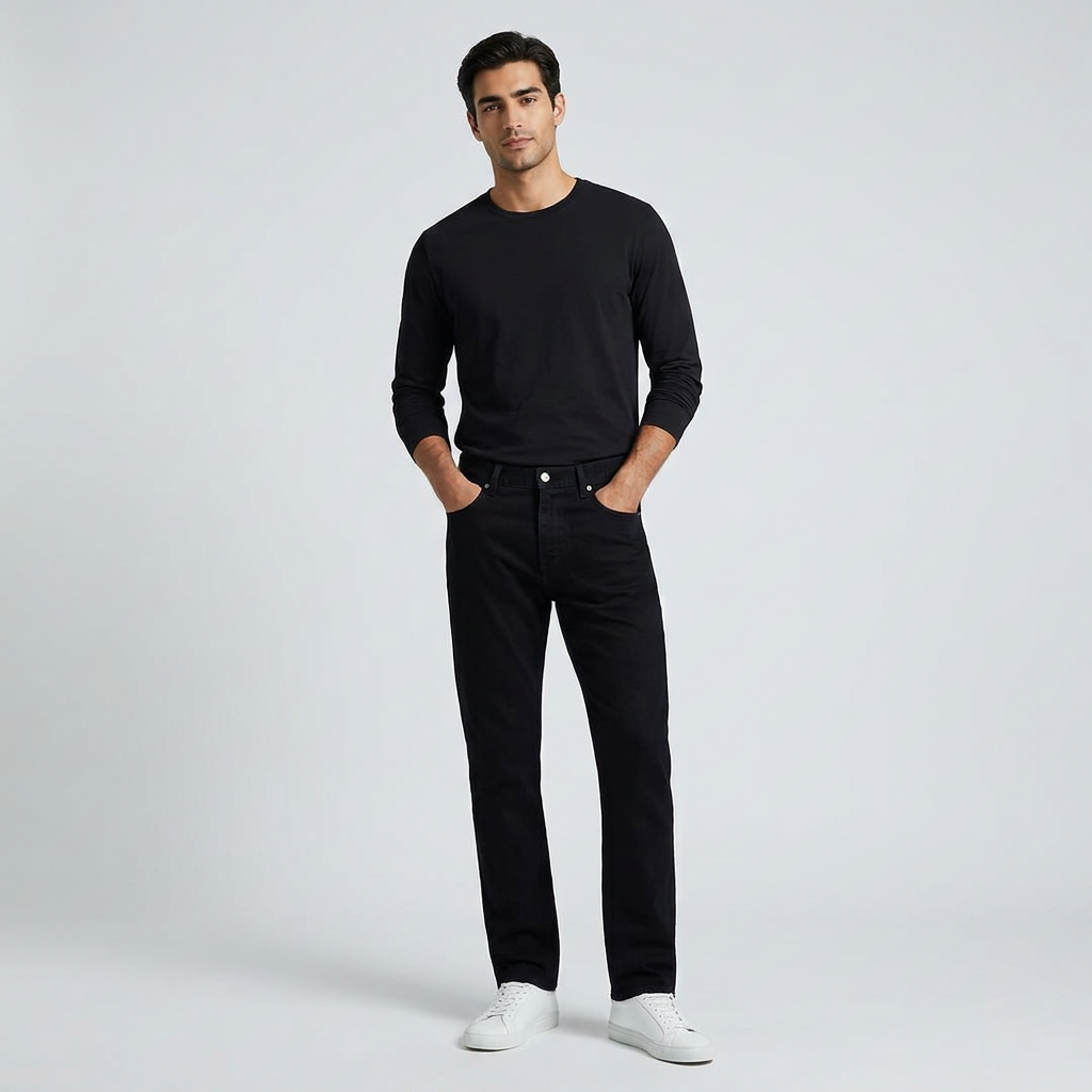 Mens Black Straight Leg Jeans with Five Pocket Design