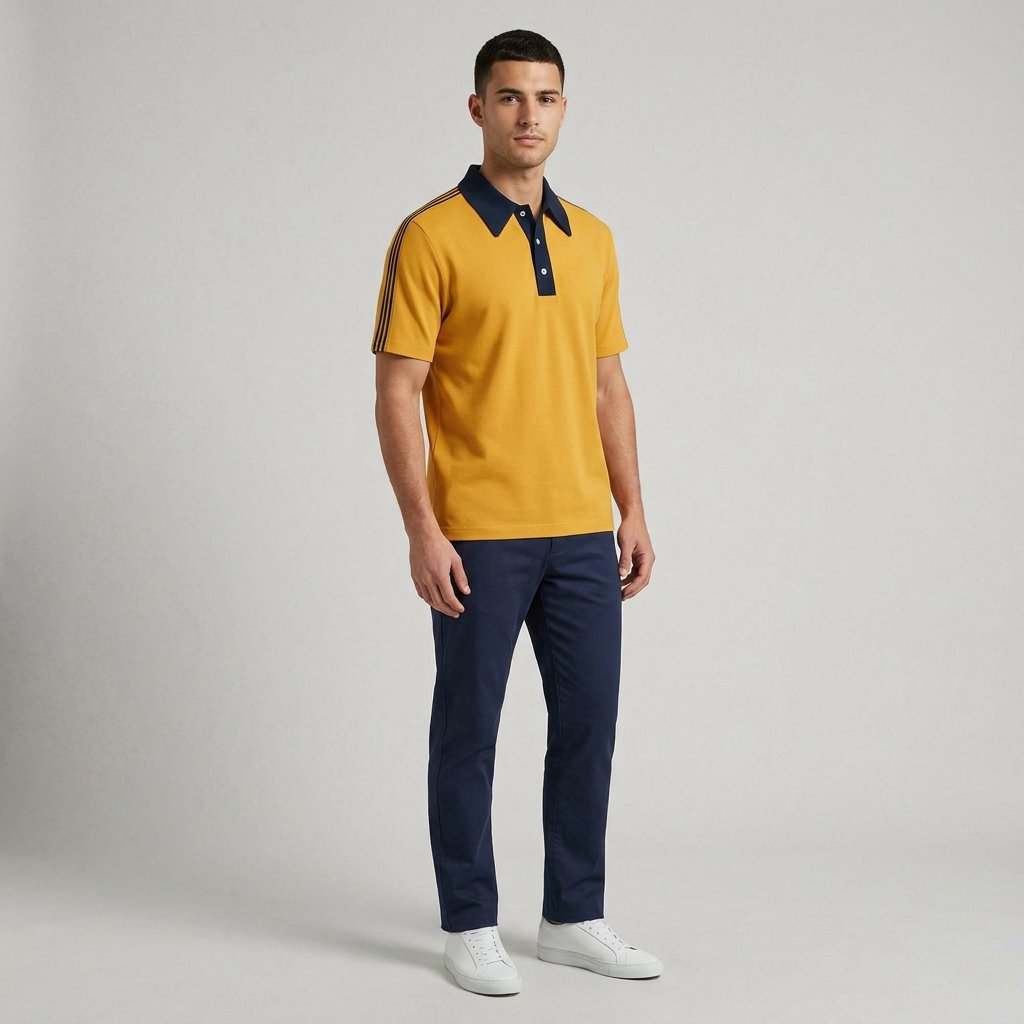 Mens Short Sleeve Polo Shirt with Contrast Collar and Shoulder Stripes