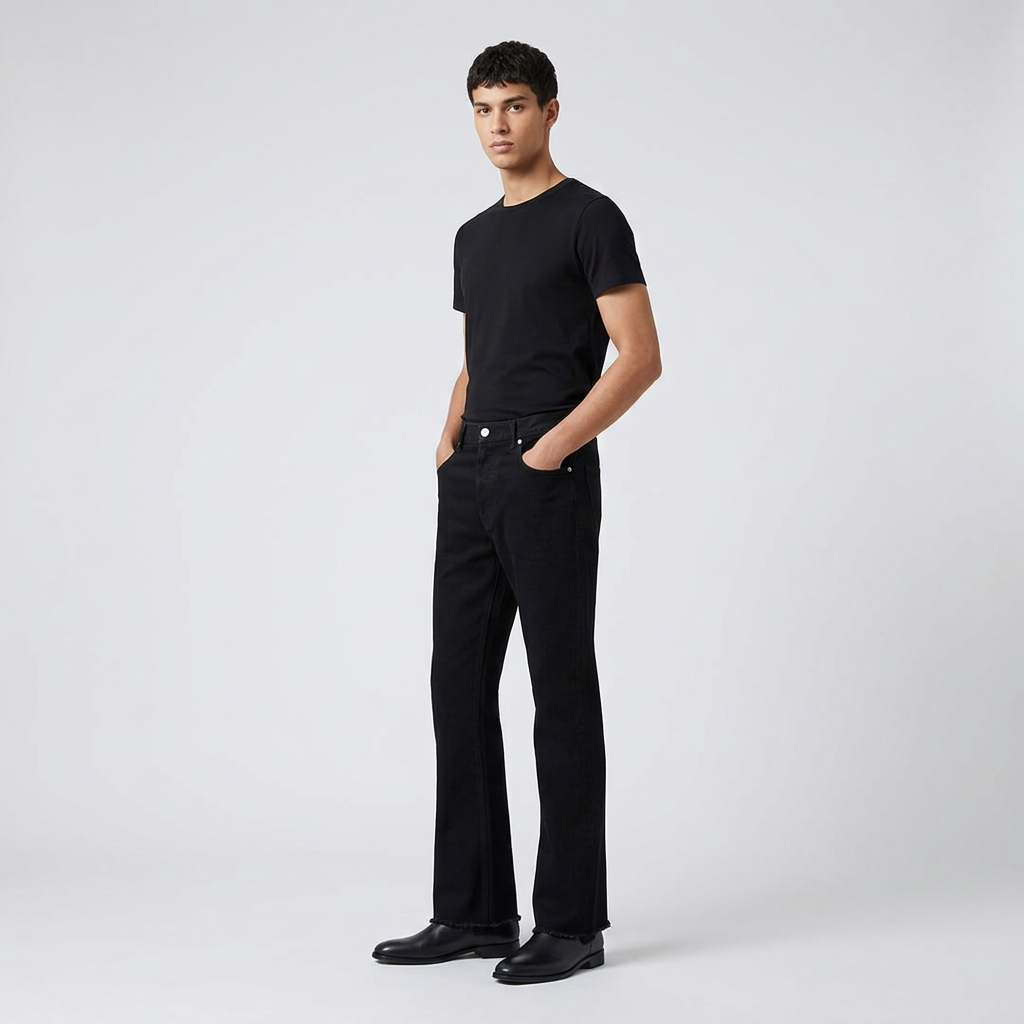 Mens Black Flare Jeans with High Waist and Raw Hem