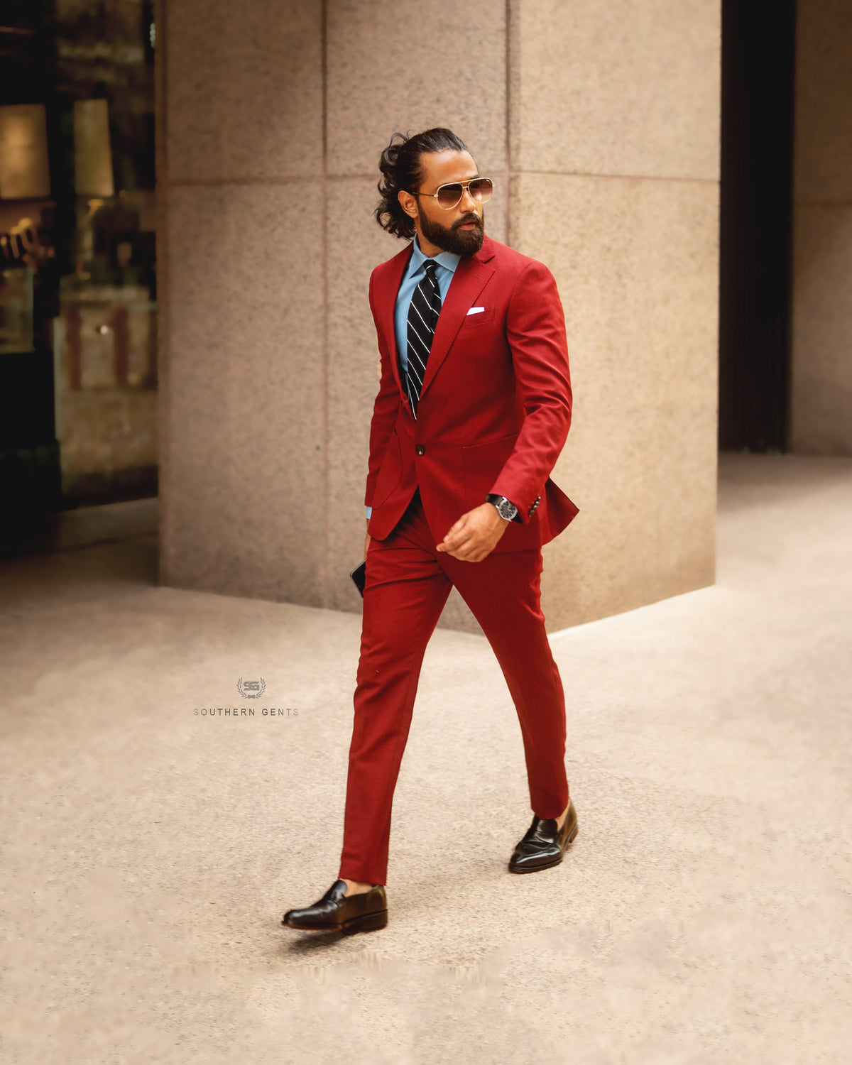 Mens Burgundy Straight Leg Trousers with Button Closure and Belt Loops