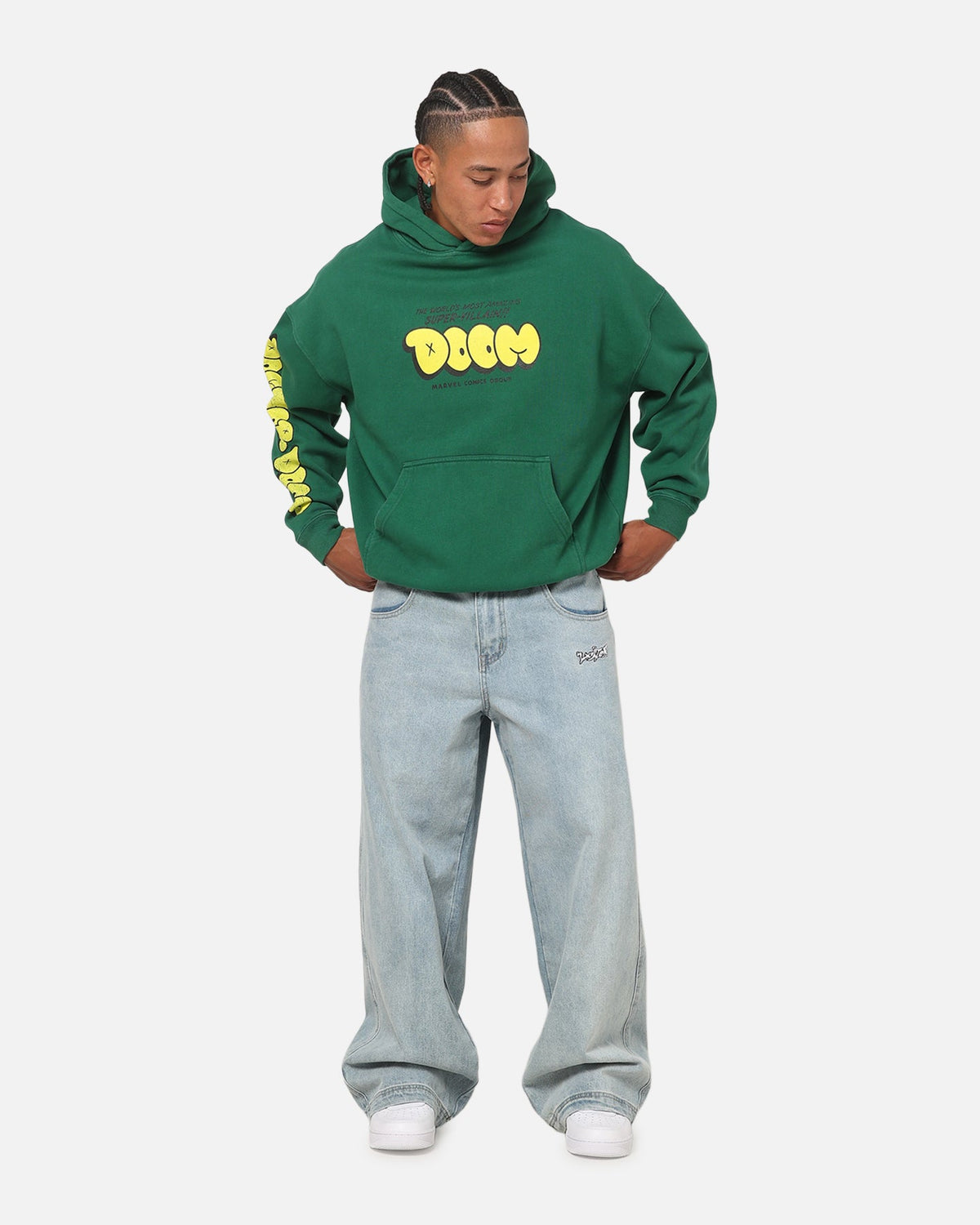 Printed Graphic Pullover Hoodie with Dropped Shoulders and Kangaroo Pocket, Forest Green