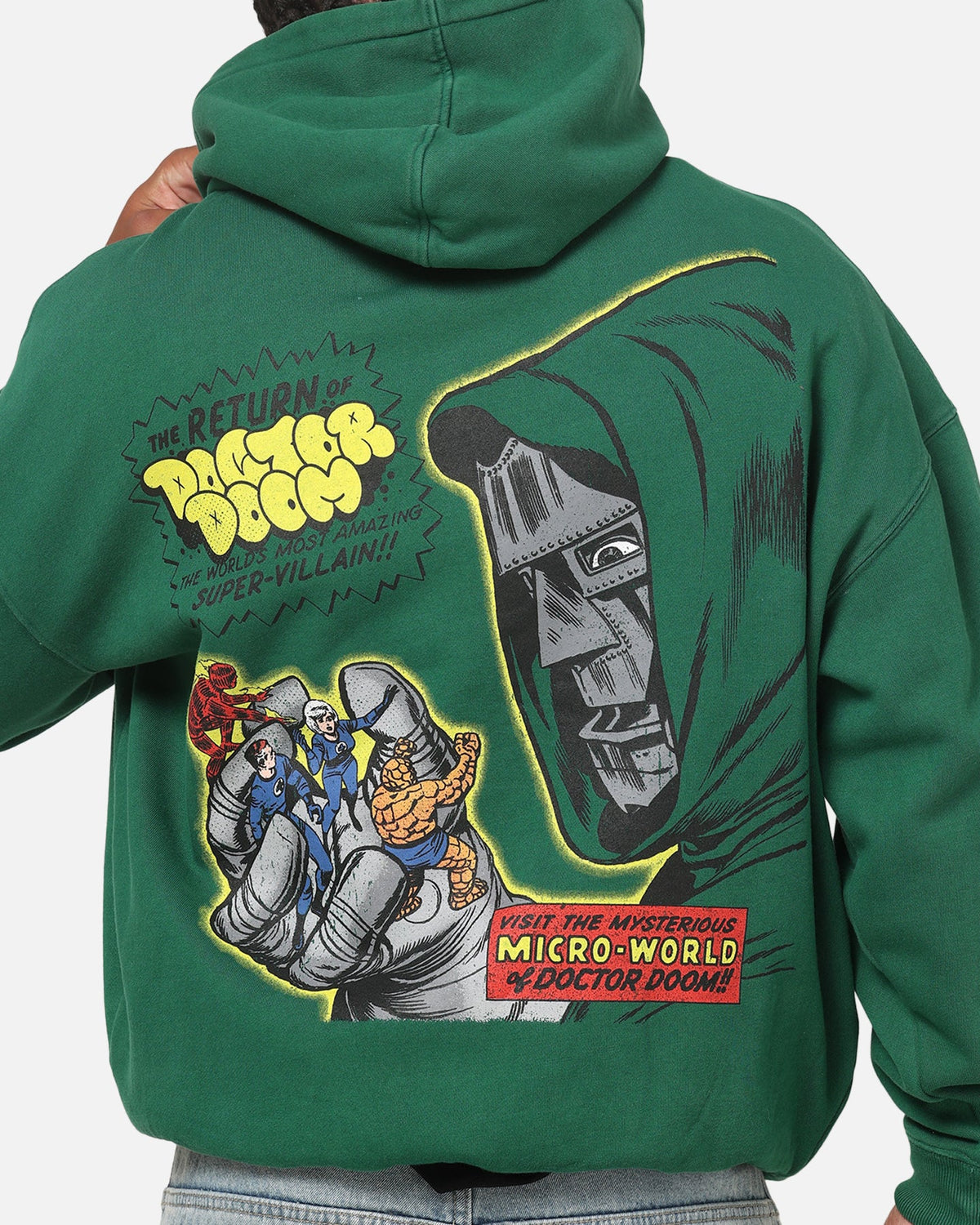 Printed Graphic Pullover Hoodie with Dropped Shoulders and Kangaroo Pocket, Forest Green